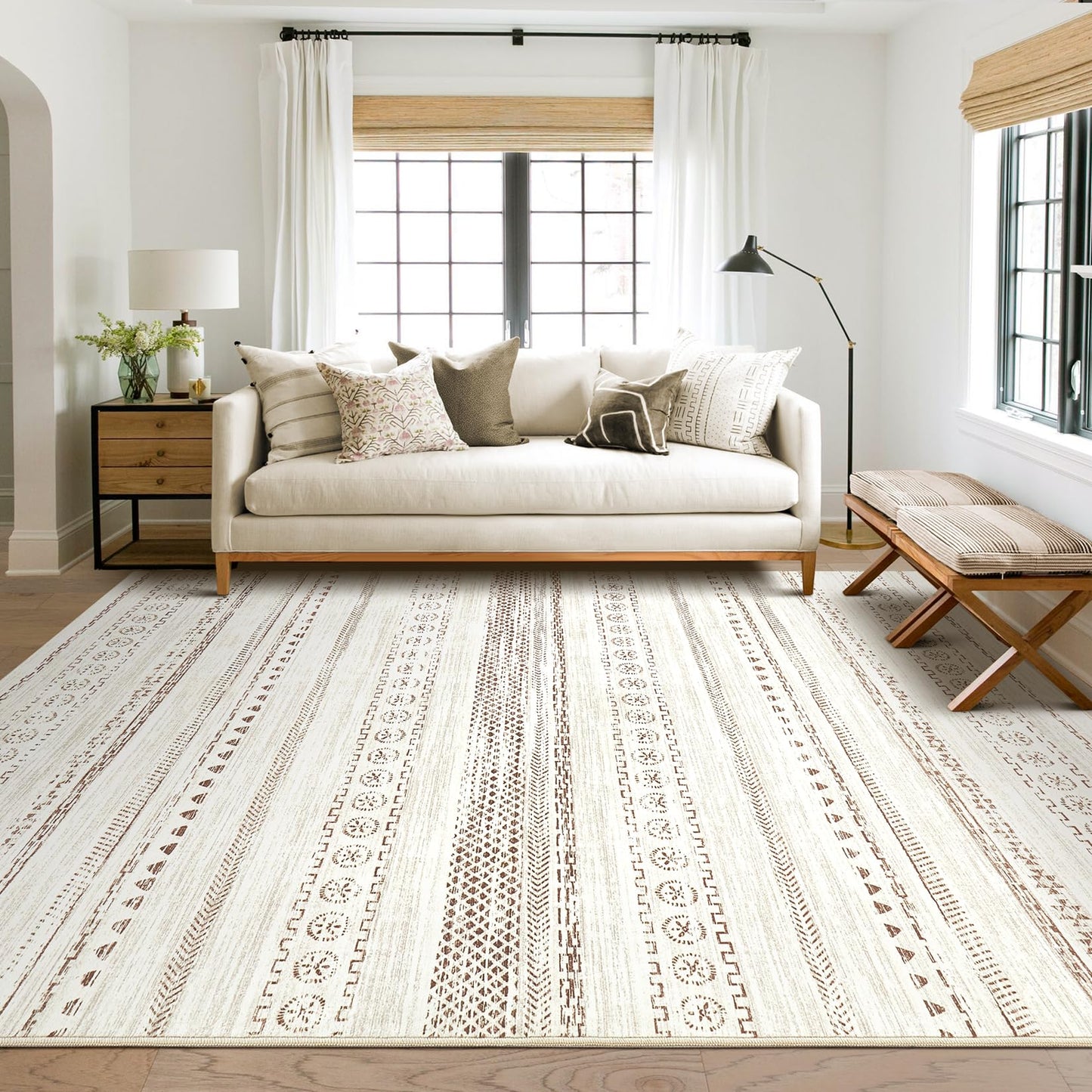 kakania 6x9 Washable Area Rug: Non Slip Soft Thin Carpet, Boho Geometric Modern Decor, Easy Clean Indoor Floor Rugs for Living Room Bedroom Kids Dorm Office Dining - Brown