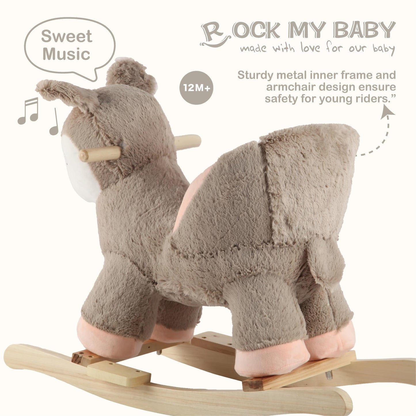 Rock My Baby Rocking Horse Deer with Chair, Plush Stuffed Animal Rocker for Toddlers 1-3, Baby Rocker with Sweet Music, Animal Ride on,Pink Deer,CPC Certified