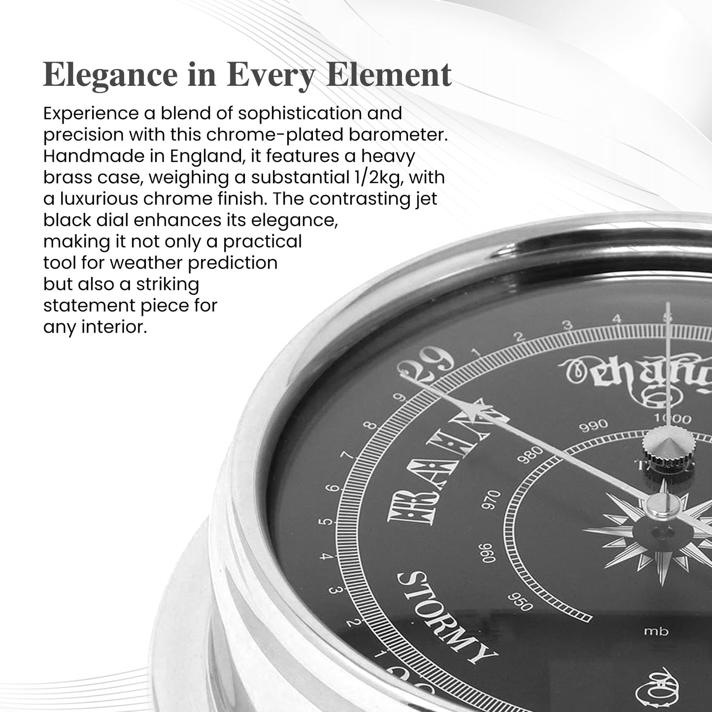 Tabic Prestige Traditional Barometer in Chrome with a Jet Black Dial, Heavy Brass Case (1/2kg) Electroplated with Chromium, Handmade in England