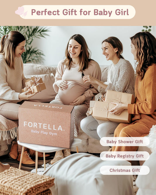 Fortella Baby Play Gym & Activity Mat, Machine Washable & Foldable Tummy Time Mat with 5 Detachable Toys, Certified Safe Newborn Essentials Gift for Baby Registry 0-12 Months (Rose Pink)