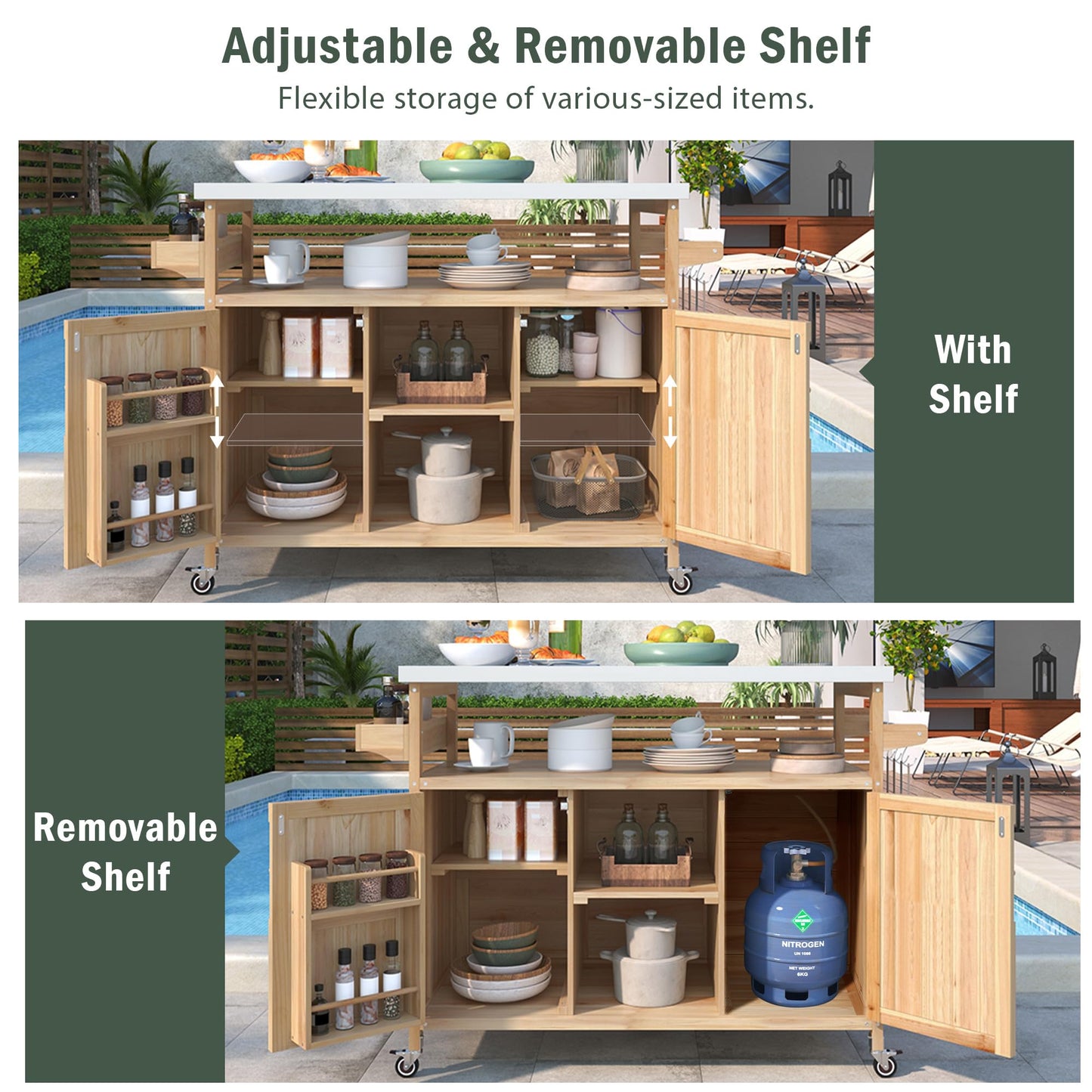 Ball & Cast Outdoor Kitchen Island,Rolling Bar Cart & Storage Cabinet,Farmhouse Solid Wood Outdoor Grill Table with Stainless Steel Top,Spice and Towel Rack,for Kitchen,Barbecue,Natural,50.25"