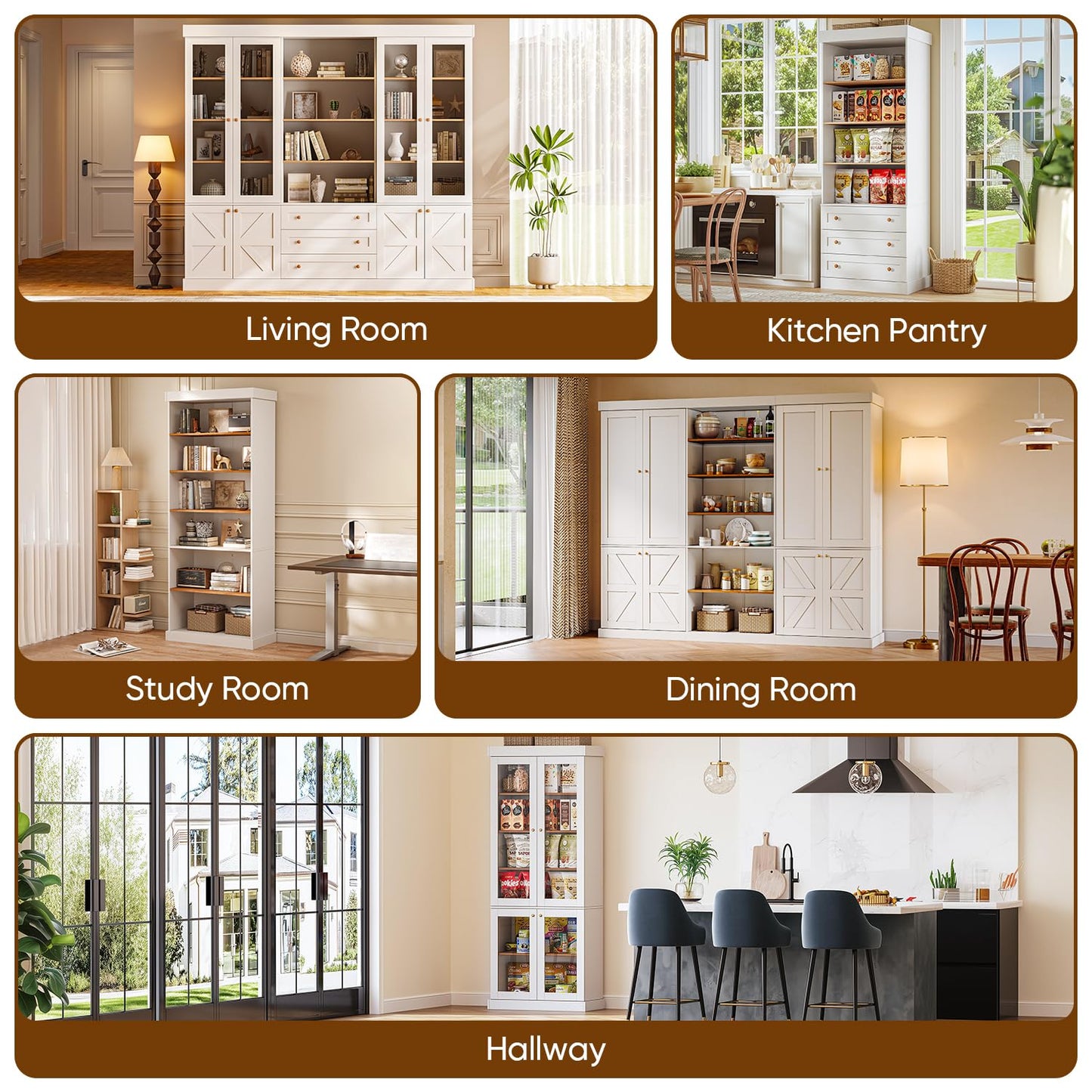 Myricore 70.8" Bookshelf with Glass Doors, Farmhouse Modular Bookcase with 6-Tier Adjustable Shelves, Large Storage Cabinet for Living Room & Home Office, Set of 2, White