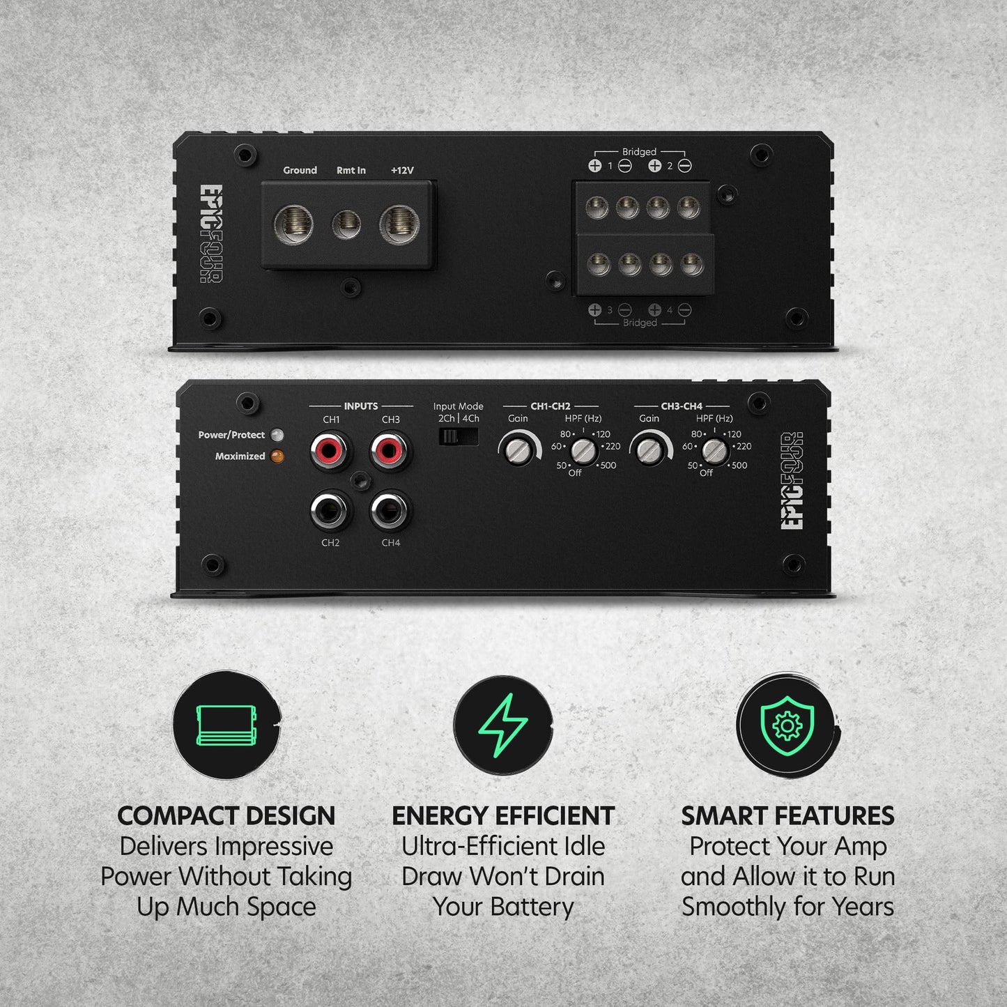 AudioControl EPICFOUR 4-Channel Amplifier Car Audio 800W RMS, Compact Digital Class D, High/Low Pass Crossover, RCA Line Level Inputs for Aftermarket Radios, Epicenter Link, Smart Auto Protection
