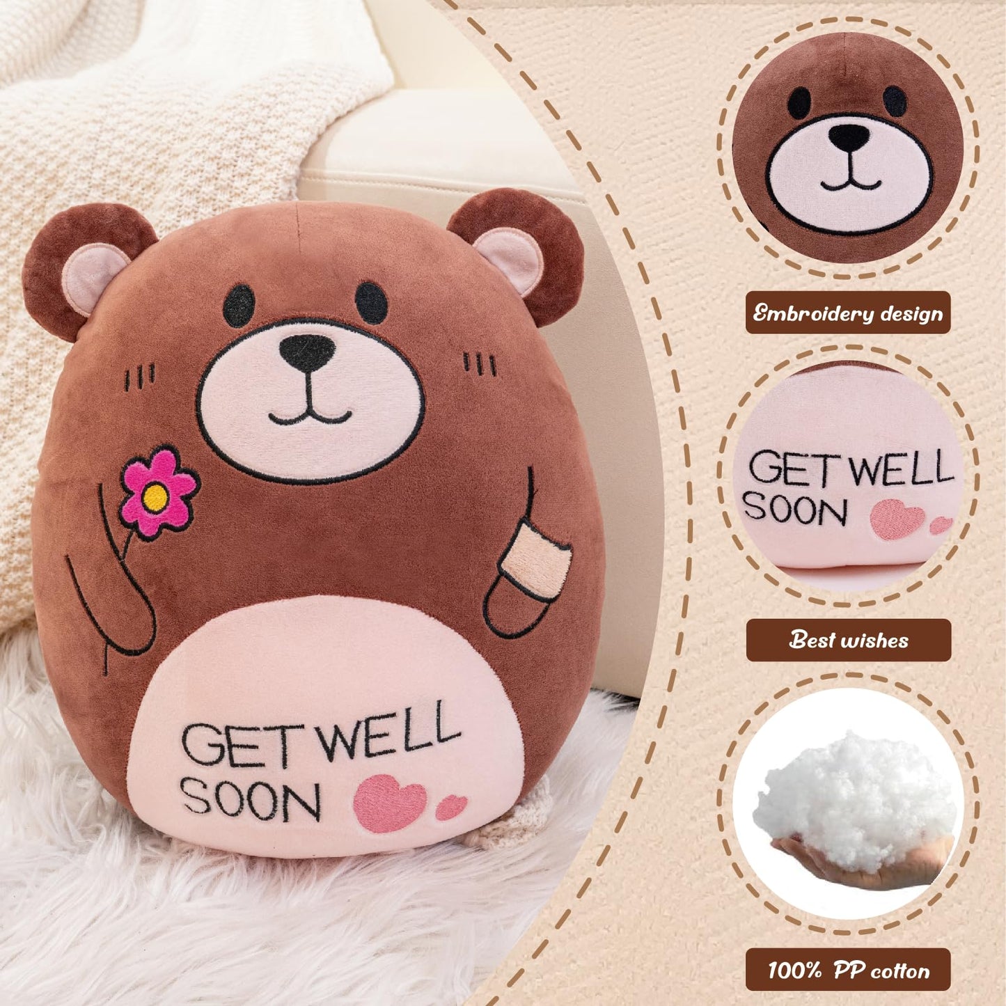 AmyToo 14.5“ Get Well Soon Teddy Bear Plush Pillow Soft Teddy Bear Stuffed Animal Body Pillow Gifts for Kids Girls and Boys After Surgery