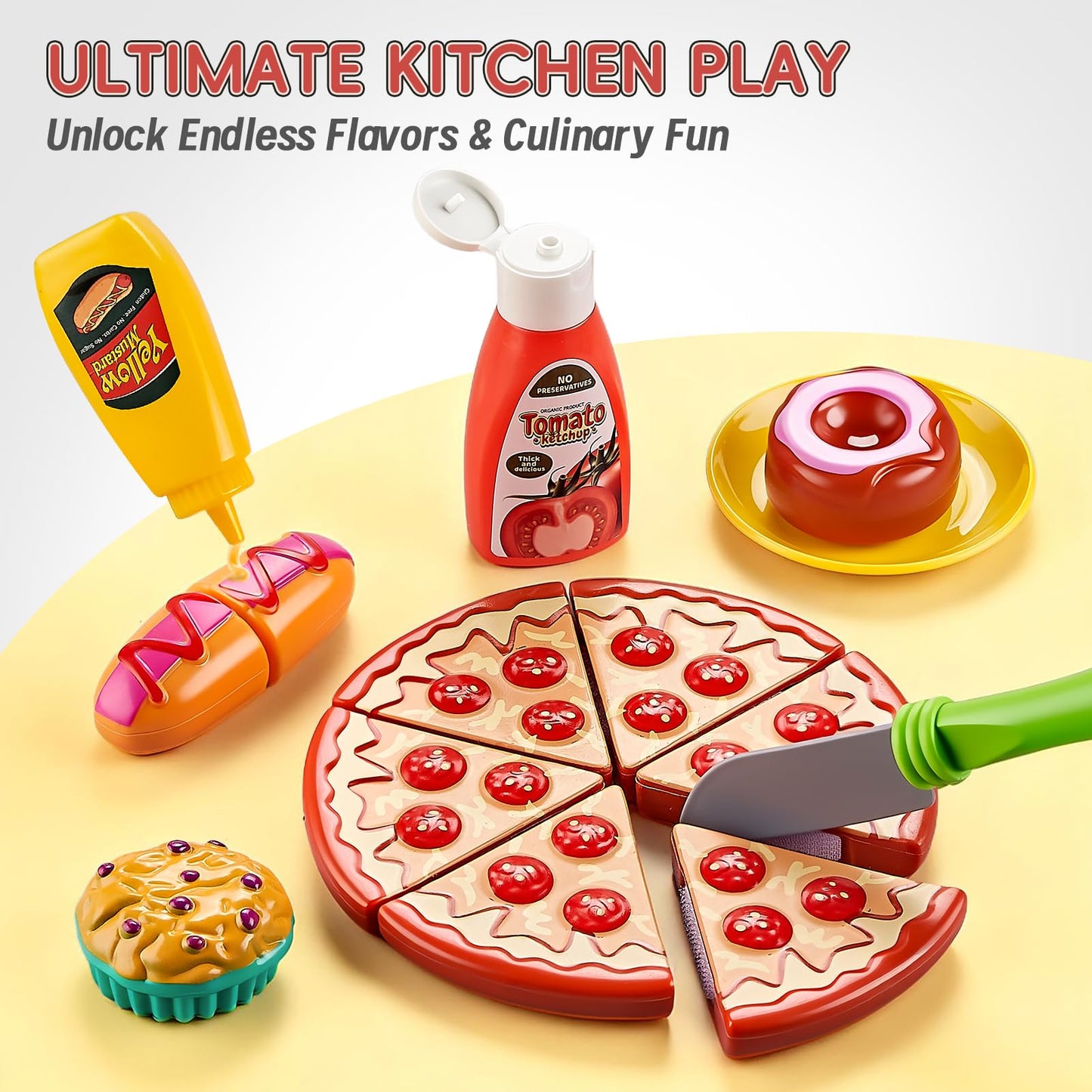 Play Kitchen Accessories, Large Stainless Steel Toddler Cooking Set, Kids Kitchen Playset with Cutting Play Food, Condiments, Chef Apron & Hat, Service Bell, Toy Food with 2 Baskets, Boys Girls Gifts.