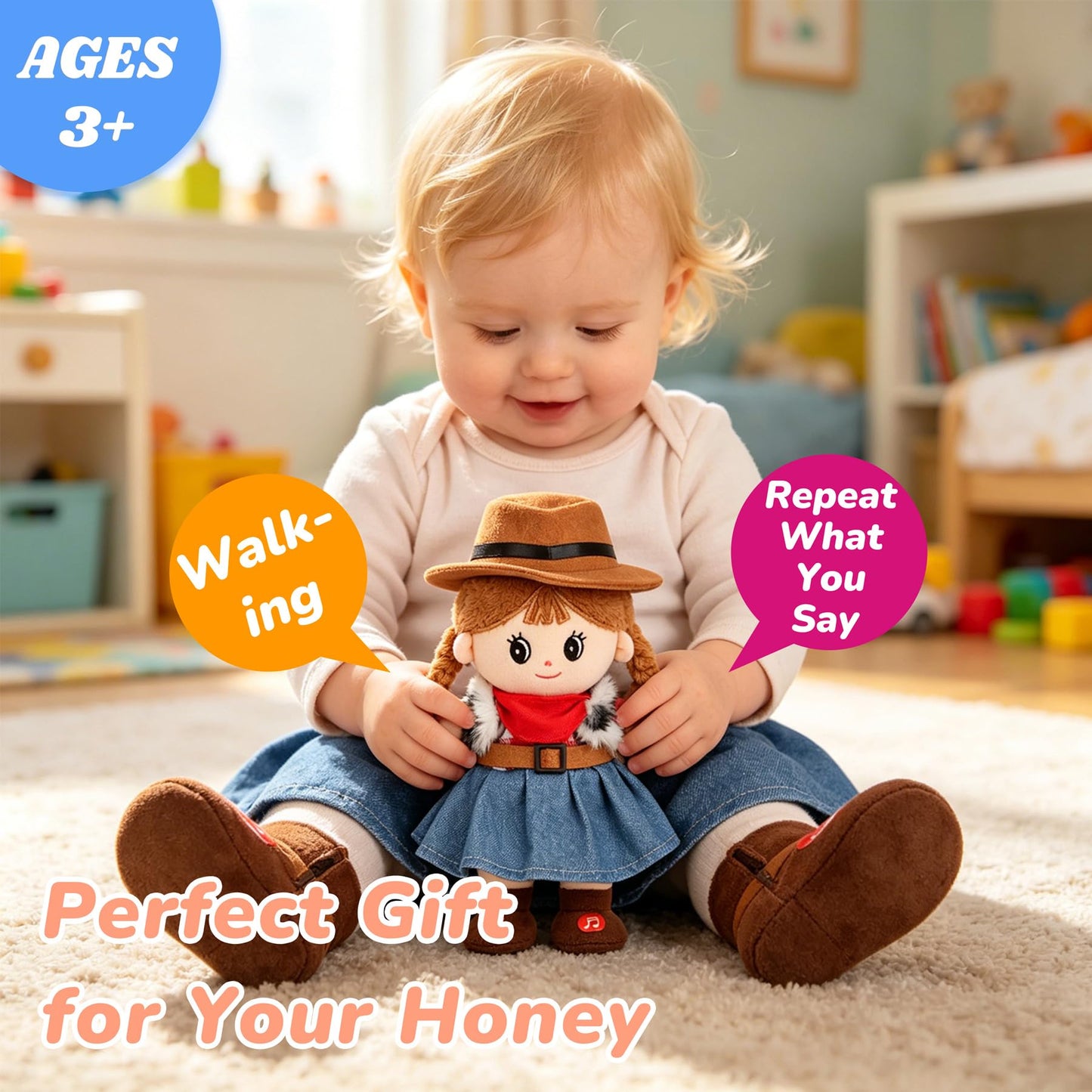 Hopearl Talking Singing Cowgirl Repeats What You Say Girl Walking Doll Electric Interactive Animated Toy Speaking Plush Buddy Gifts for Toddlers, 8''
