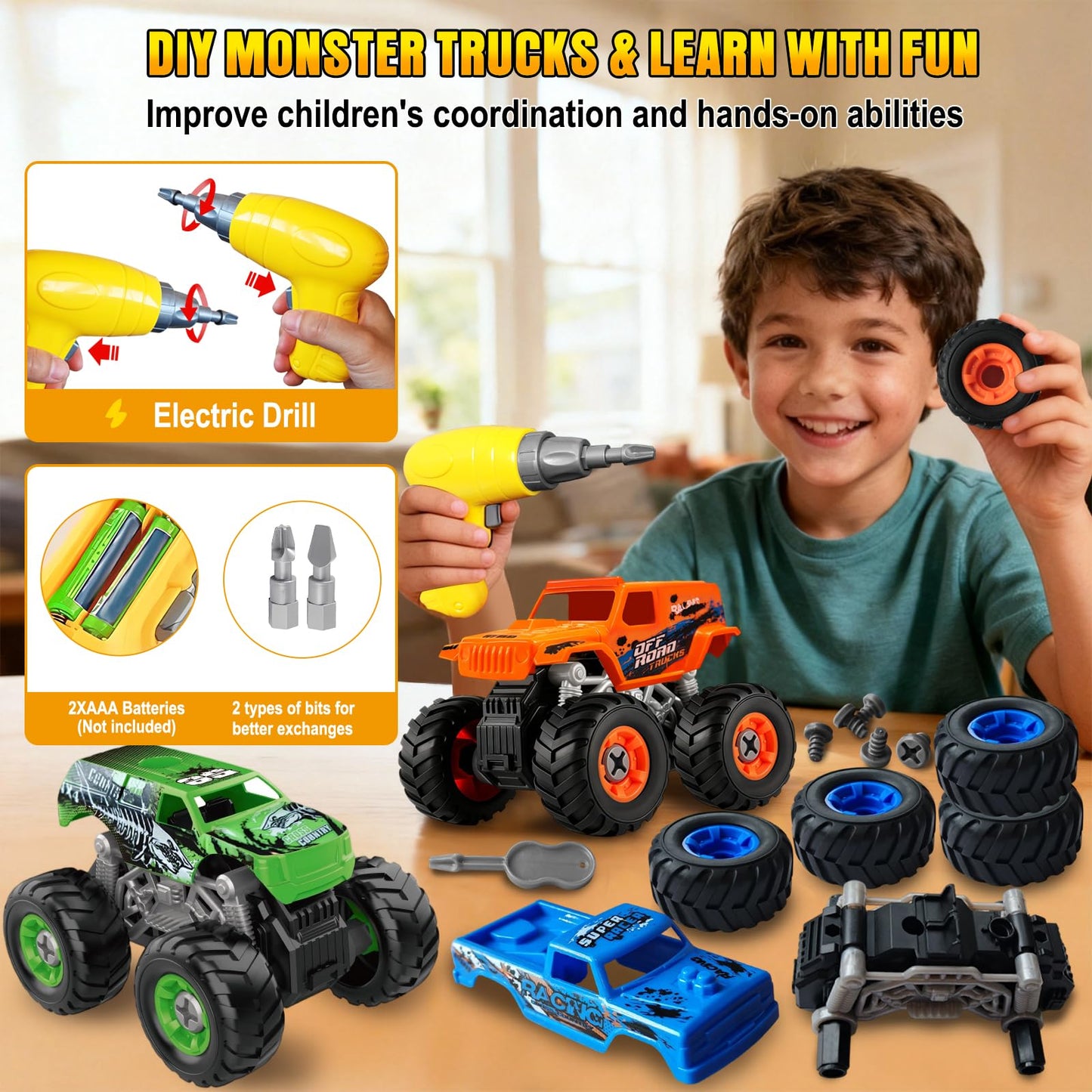 Bugrtarey Take Apart Monster Truck Toys for 3 4 5 6 7 8 Year Old Boys, STEM Educational Building Toys with Electric Drill & Storage Box, Kids Toys Christmas Birthday Gifts for Boys Girls Toddlers