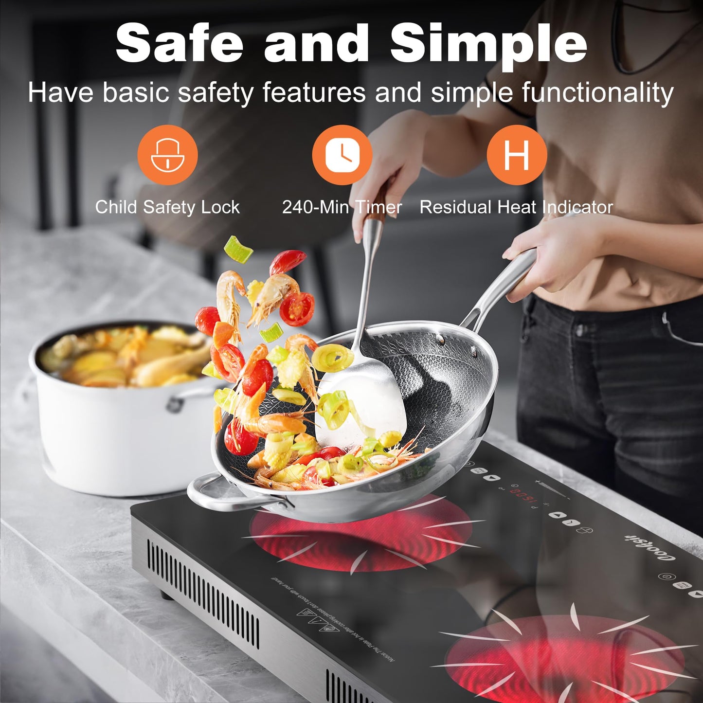 Cooksir 2 Burner Electric Cooktop - 24 Inch(22.2"x 13.1") Portable Electric Stove Top 110V, 2000W Countertop Two Burner Stove, Child Lock, Timer, Touch and Knob Control, 110V Plug in