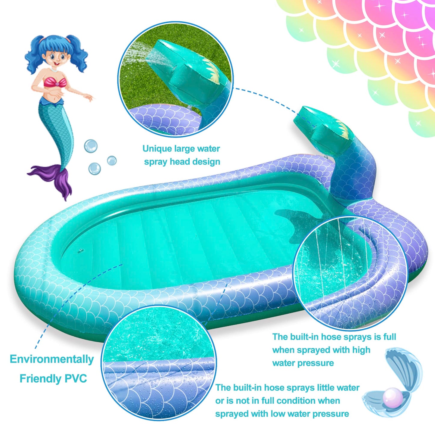 75" Sprinkler & Splash Pad for Kids, Large Outdoor Mermaid Sprinklers Play Mat Summer Water Play Toys Inflatable Sprinkler Pad, Fun Play Pool for Toddlers Babies Over 3 Years Boys Girls