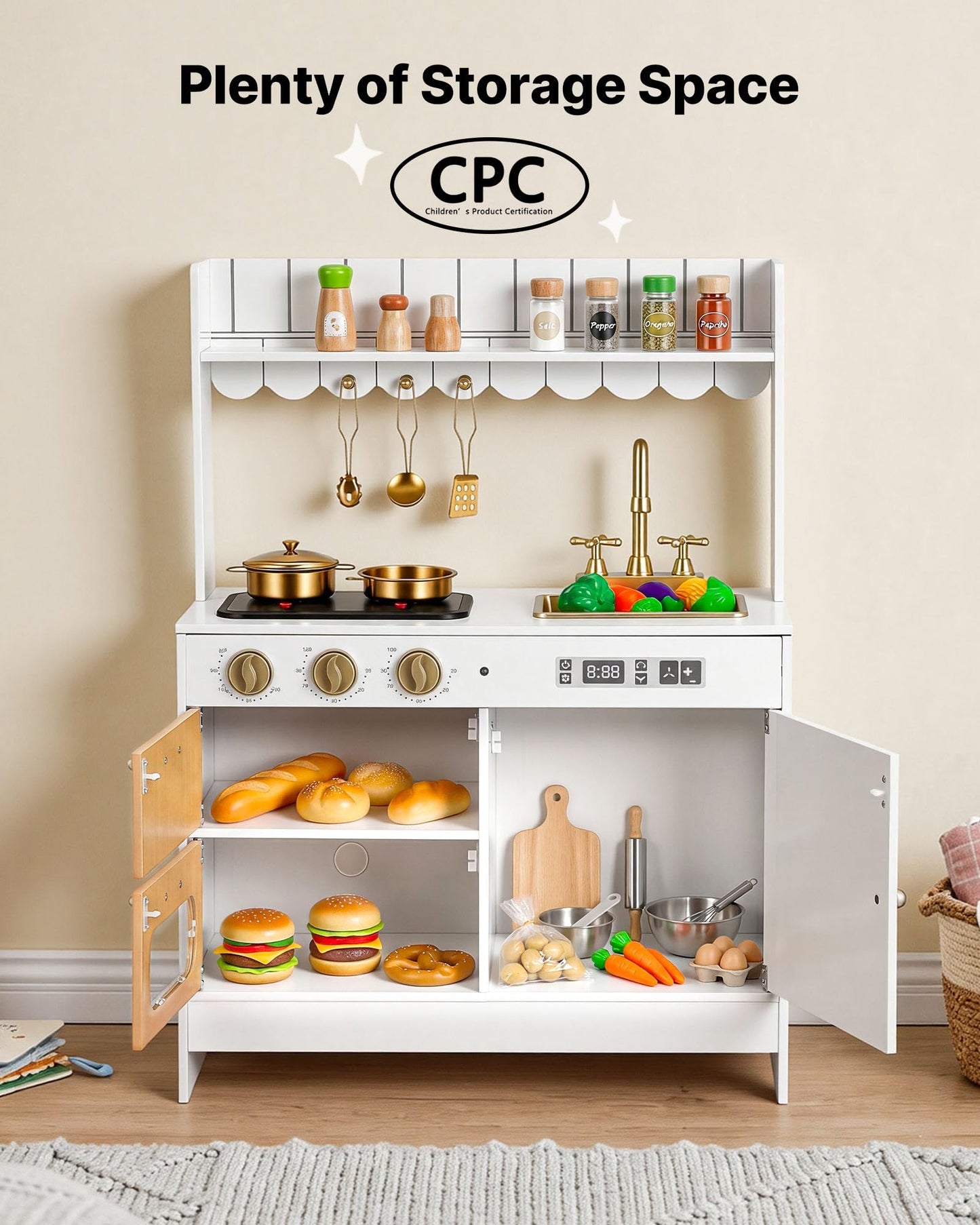 VEVOR Play Kitchen for Kids, Wooden Kids Kitchen Playset with Real Lights & Sounds, Food & Cookware Accessories, Pretend Play Toy Set, Sink, Oven, Stove, Cabinet, for Toddlers, Girls & Boys Ages 3-8