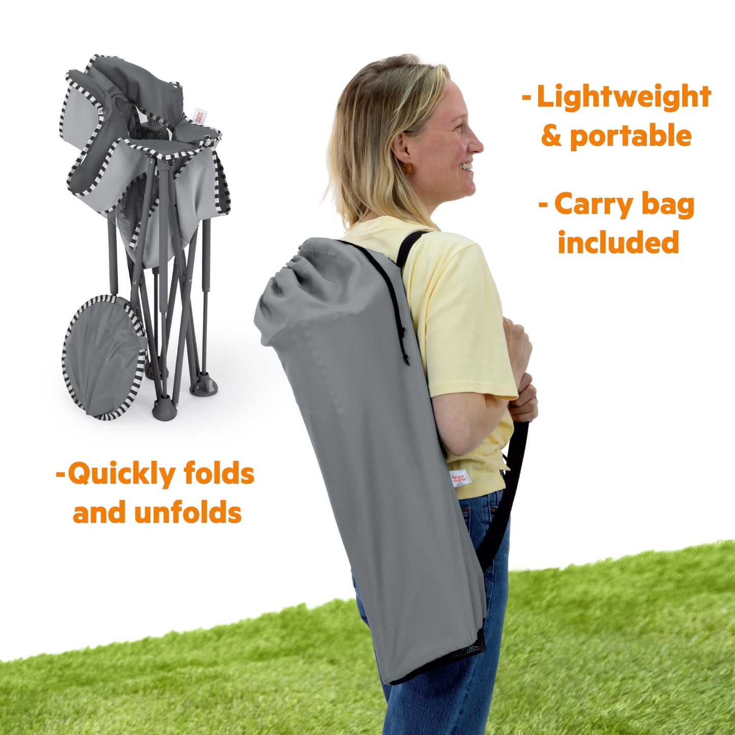 Bright Starts Pop 'N Chill Portable Infant Beach Chair, Travel Seat with UPF 50+ Canopy, Indoor/Outdoor Baby Seat, Grey, 0‑6 Months