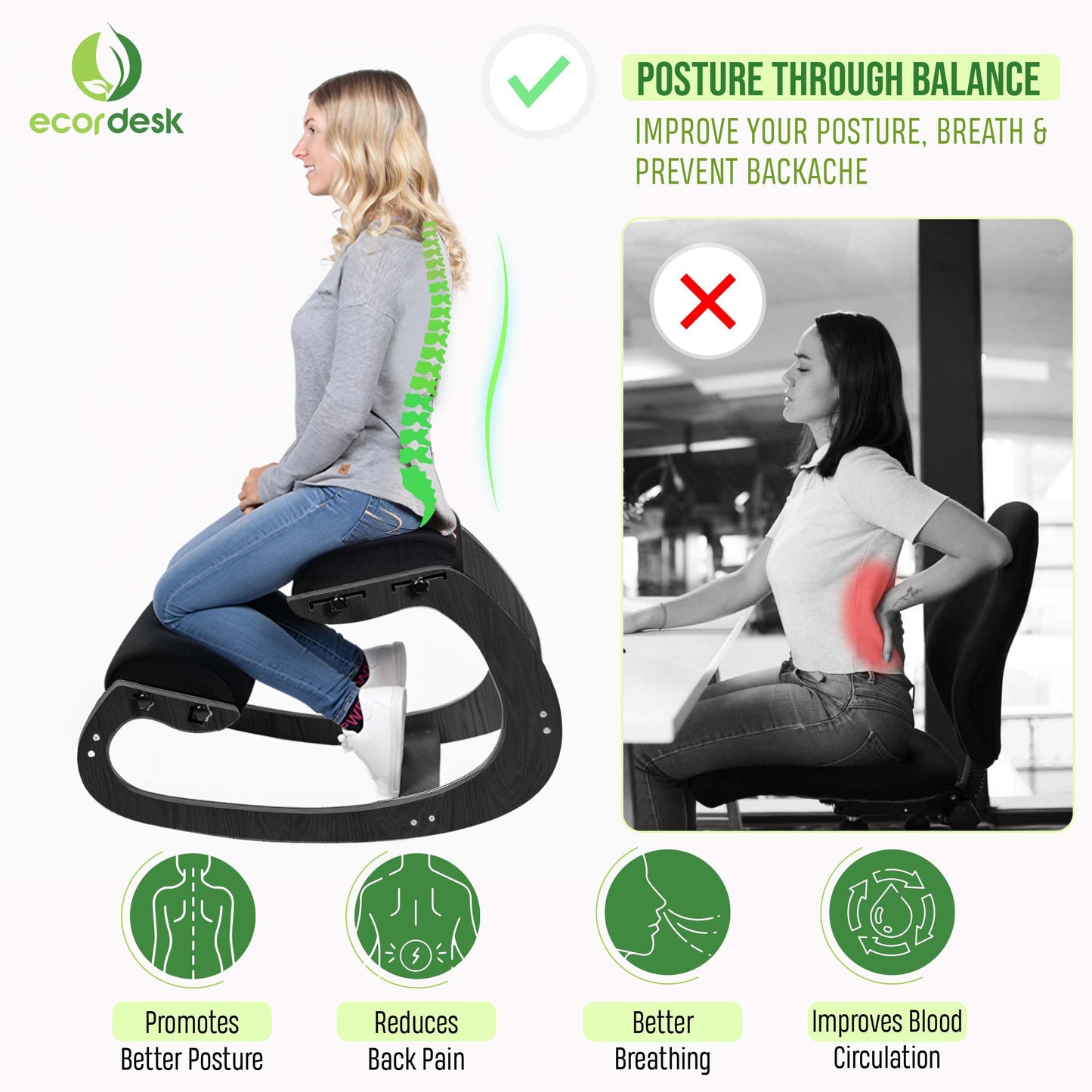Ecordesk Ergonomic Kneeling Chair, Adjustable Seat - Office Chair for Desk, Posture Corrector, Premium Comfort Cushion, Wooden Rocking Knee Chair (Black Frame)