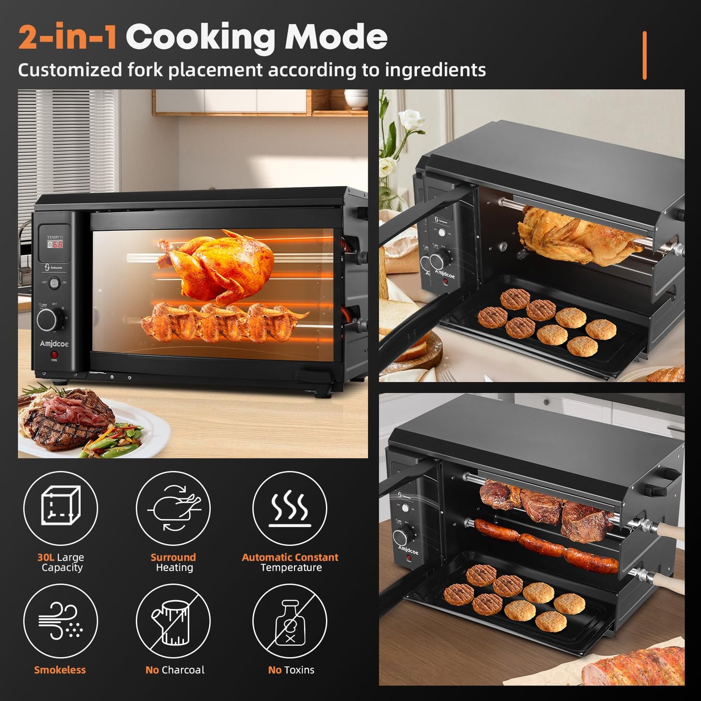 Amjdcoe Electric Rotisserie Grill Indoor with Auto-Rotating Skewers, 31 QT Smoke-Free Rotisserie Oven with Timer for Brazilian Picanha BBQ, Churrasco, Black