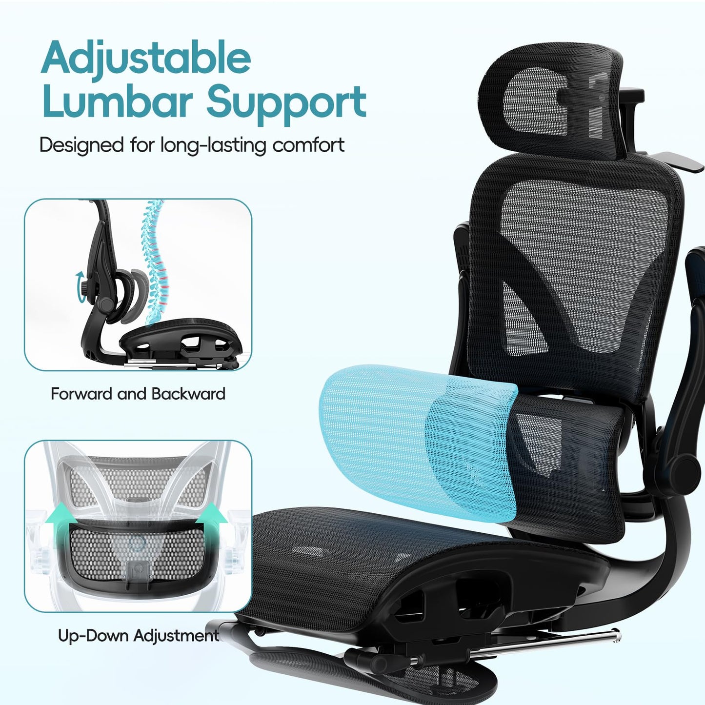 Alllion Ergonomic Mesh Office Chair, Home Desk Chair Comfy High Back with Adjustable Lumbar Support, 3D Headrest, Flip-up Arms, Big and Tall Reclining Computer Gaming Chairs for Men Women, Black