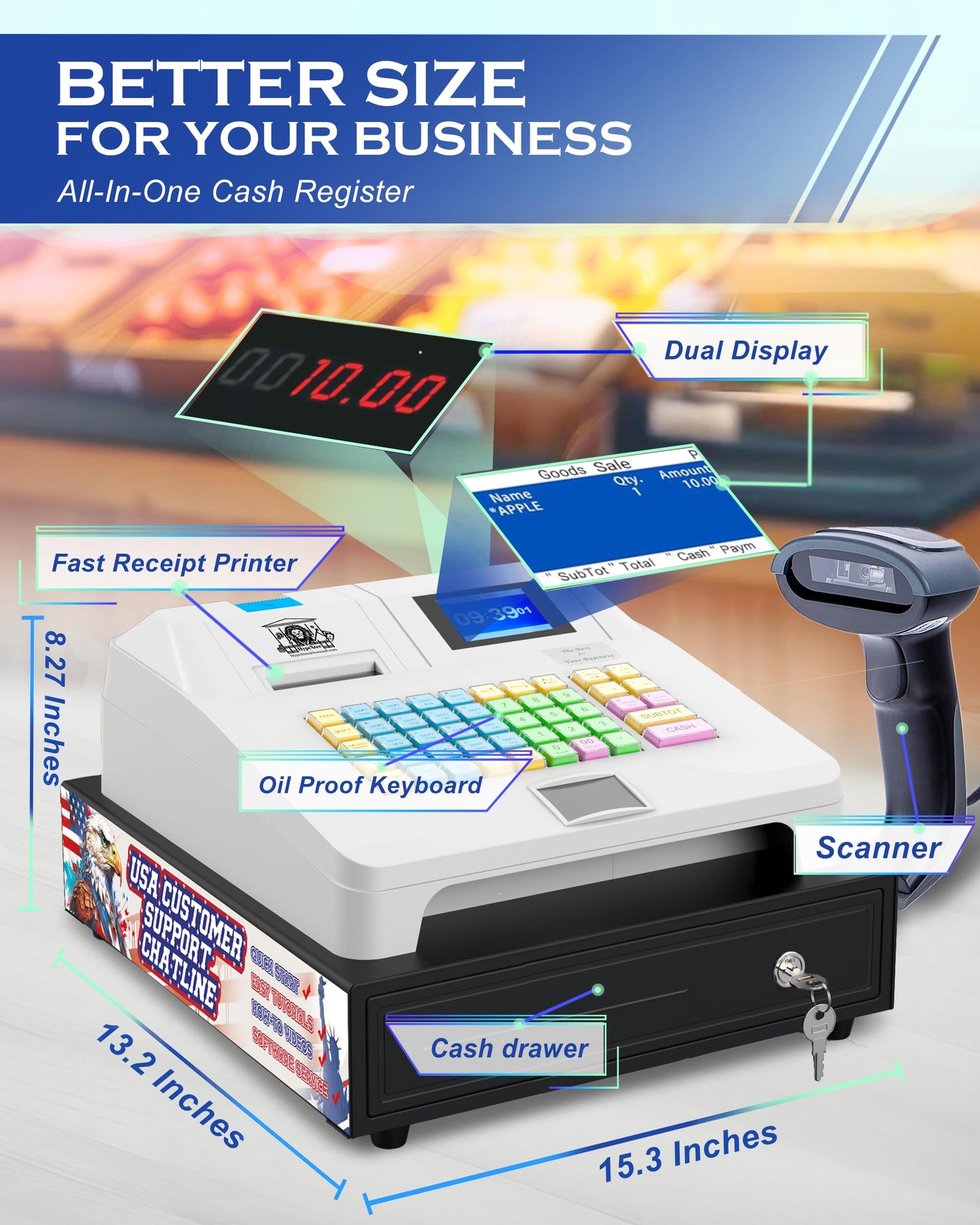 2025 HypeXtec Smart Cash Register with Cash Drawer&Scanner for Small Business,Waterproof&Oil-Proof Electronic Cash Registers Dual Display and Auto Print Receipt