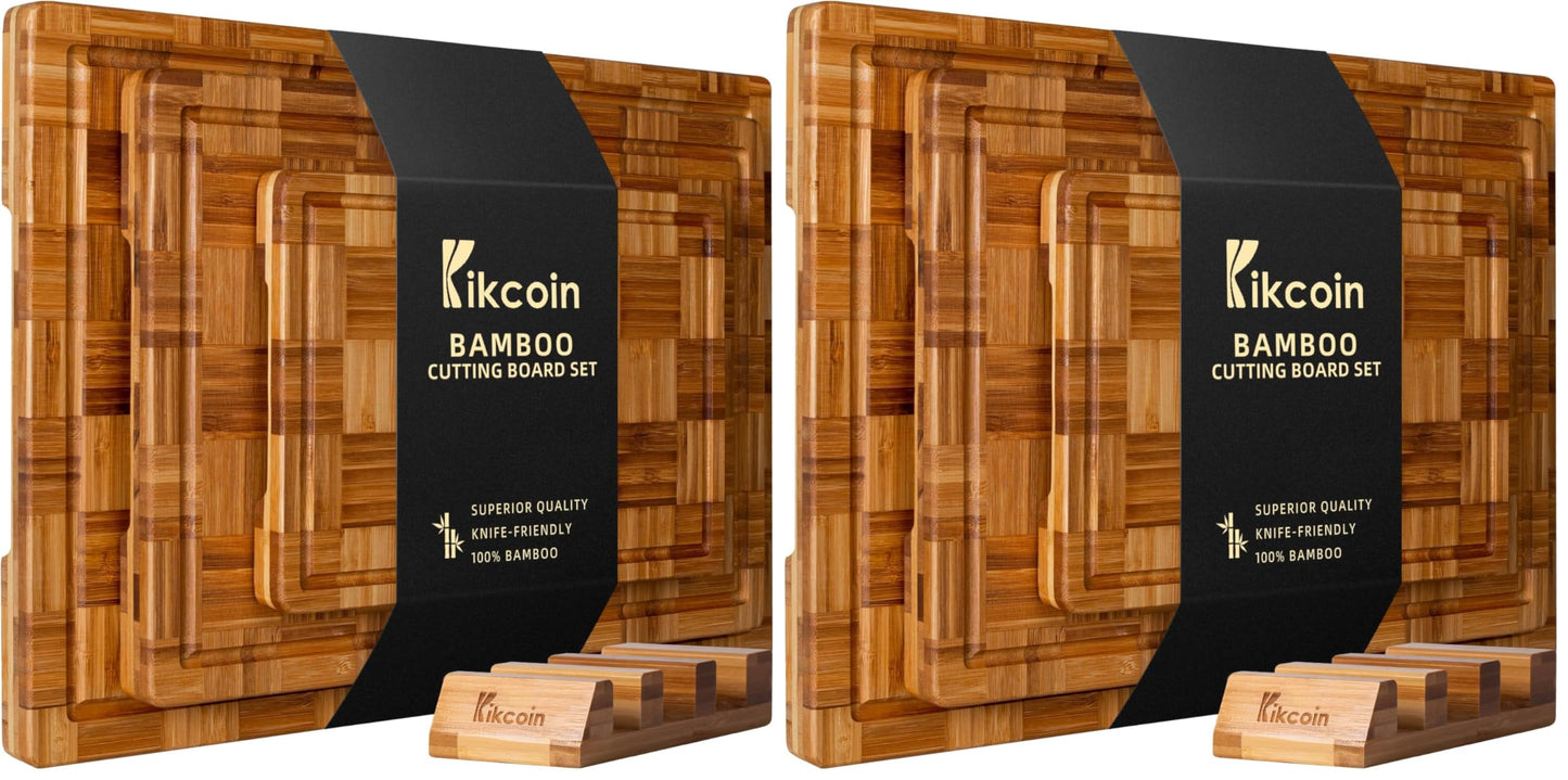 Kikcoin Extra Large Bamboo Cutting Boards, (Set of 3) Chopping Boards with Juice Groove Bamboo Wood Cutting Board Set Butcher Block for Kitchen, End Grain Serving Tray (Pack of 2)