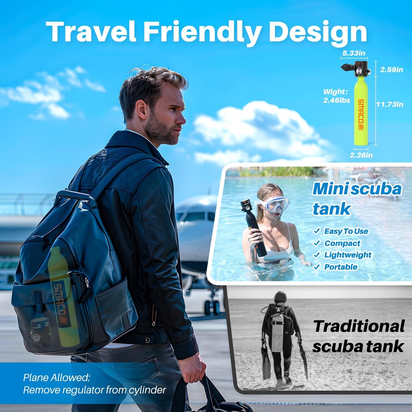 SMACO S300 Plus Mini Scuba Tank 0.5L Lung Air Tank Portable Diving Tank for Underwater Exploration Reusable Diving Cylinder Kit for Emergency Rescue Boat Cleaning Backup Air Source Pony Bottle
