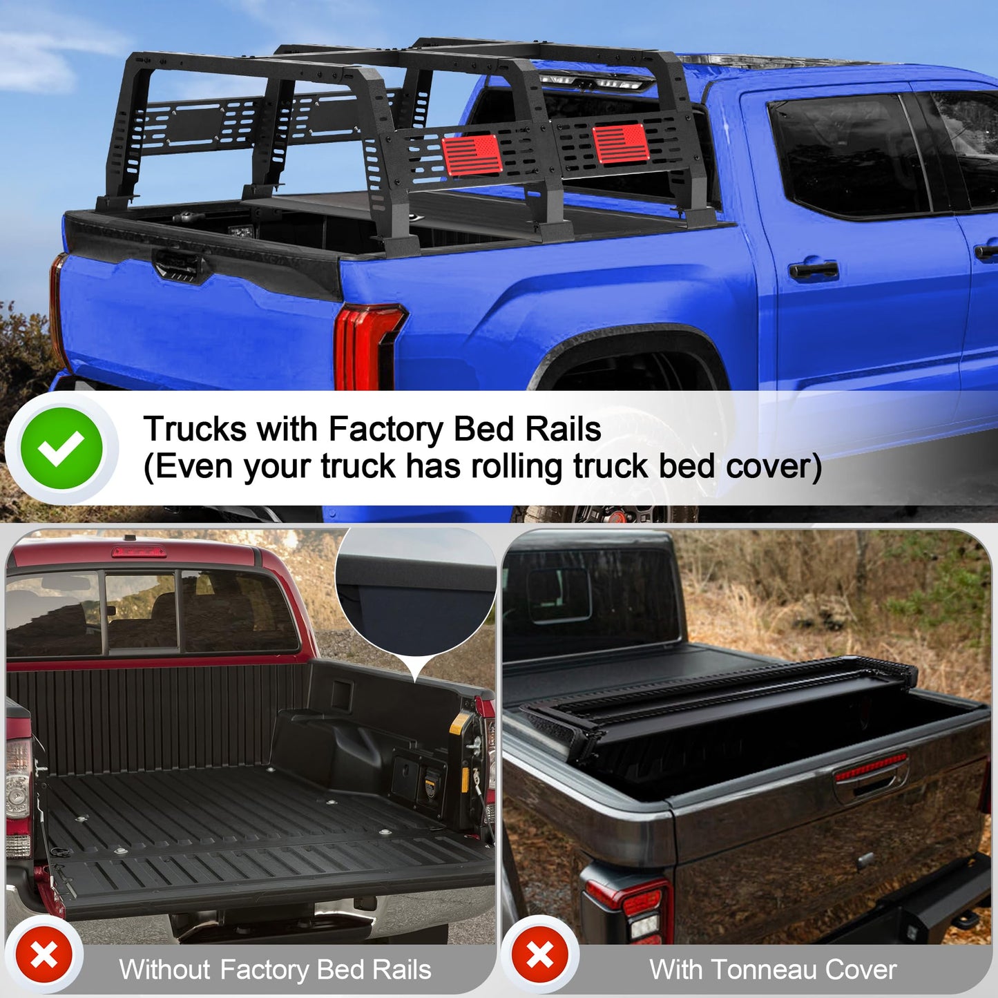 Truck Bed Rack for Toyota Tacoma 2005-2025, 22.5" Steel Overland Bed Rack with Adjustable Width, Heavy Duty Cargo Rack for Factory Bed Rails