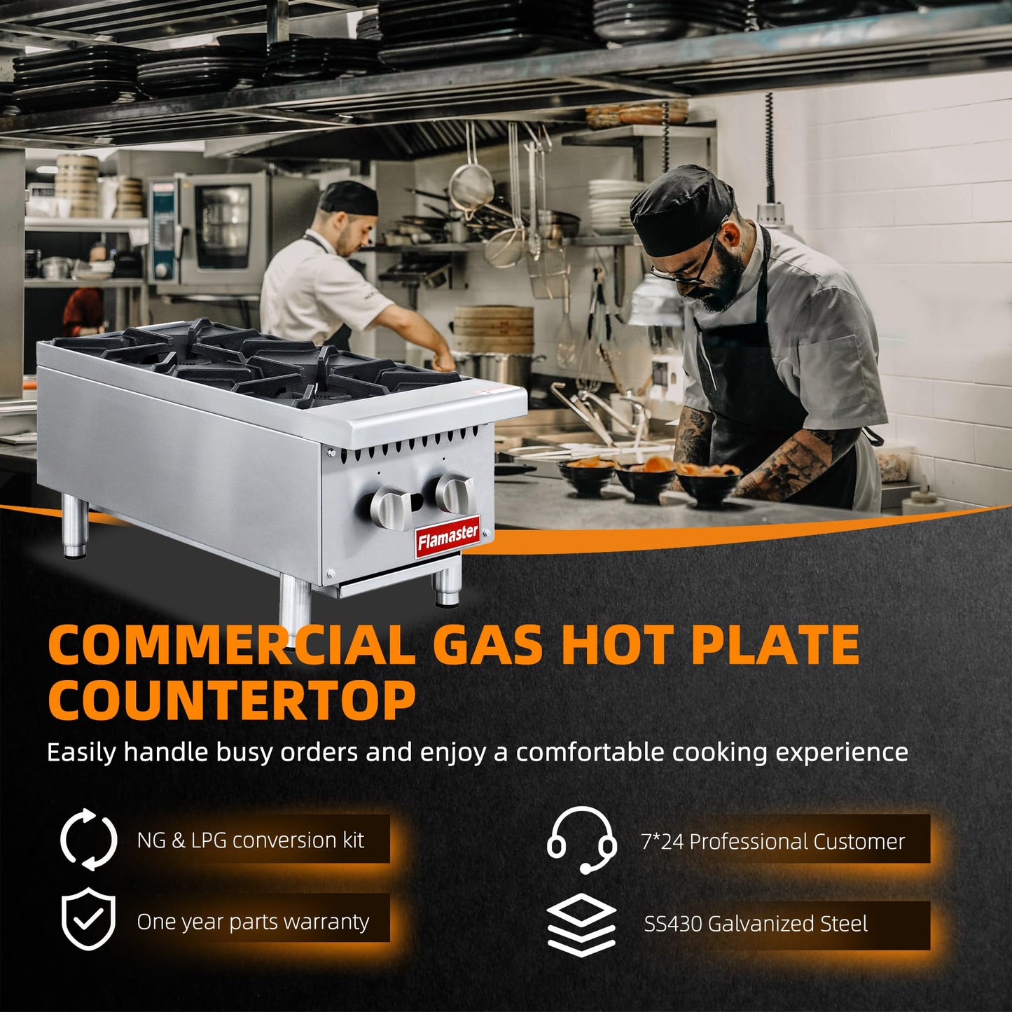 2 Burner Commercial Hot Plate, 12" Countertop Gas Stove Stainless Steel Natural Gas Range with Propane Conversion Kit Cooking Equipment for Restaurant Kitchen-50000 BTU