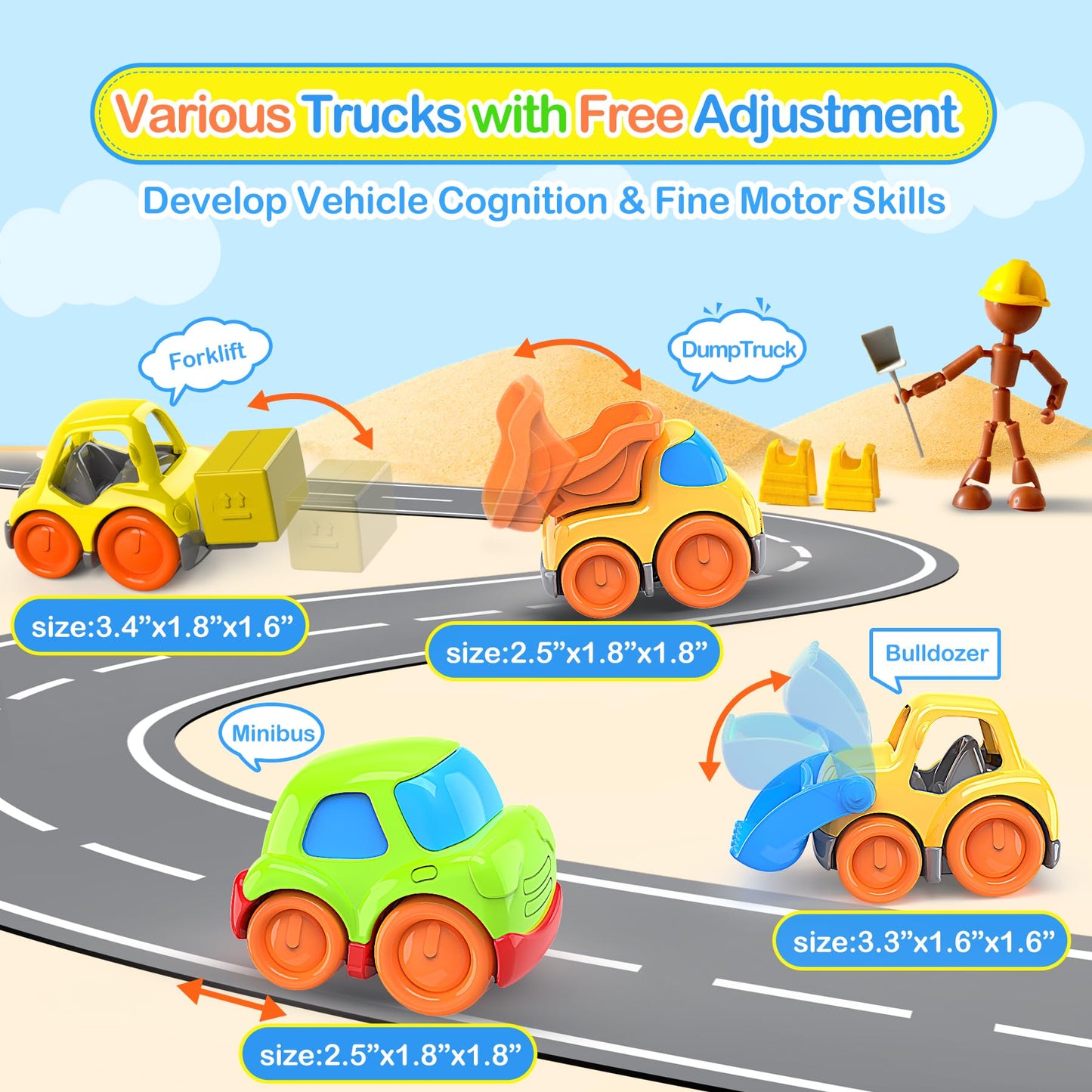 P&C 7.6" Toddler Construction Dump Truck Toys for Ages 2-4, Beach Sand Outdoor Toys Dump Truck Set with Sounds and Lights for Kids 18M+, 2, 3, 4, Ideal Birthday Christmas Gifts for Boys Girls