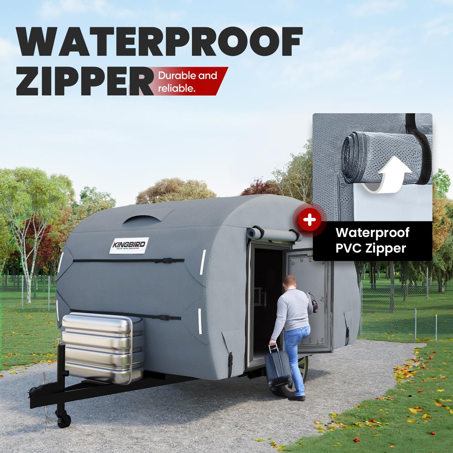 KING BIRD Heavy Duty Teardrop Travel Trailer Cover Fits 10'-12' Trailers, 5 Layers Top Waterproof Camper Cover with Windproof Strap for R-Pod Trailers, Clamshell Trailers
