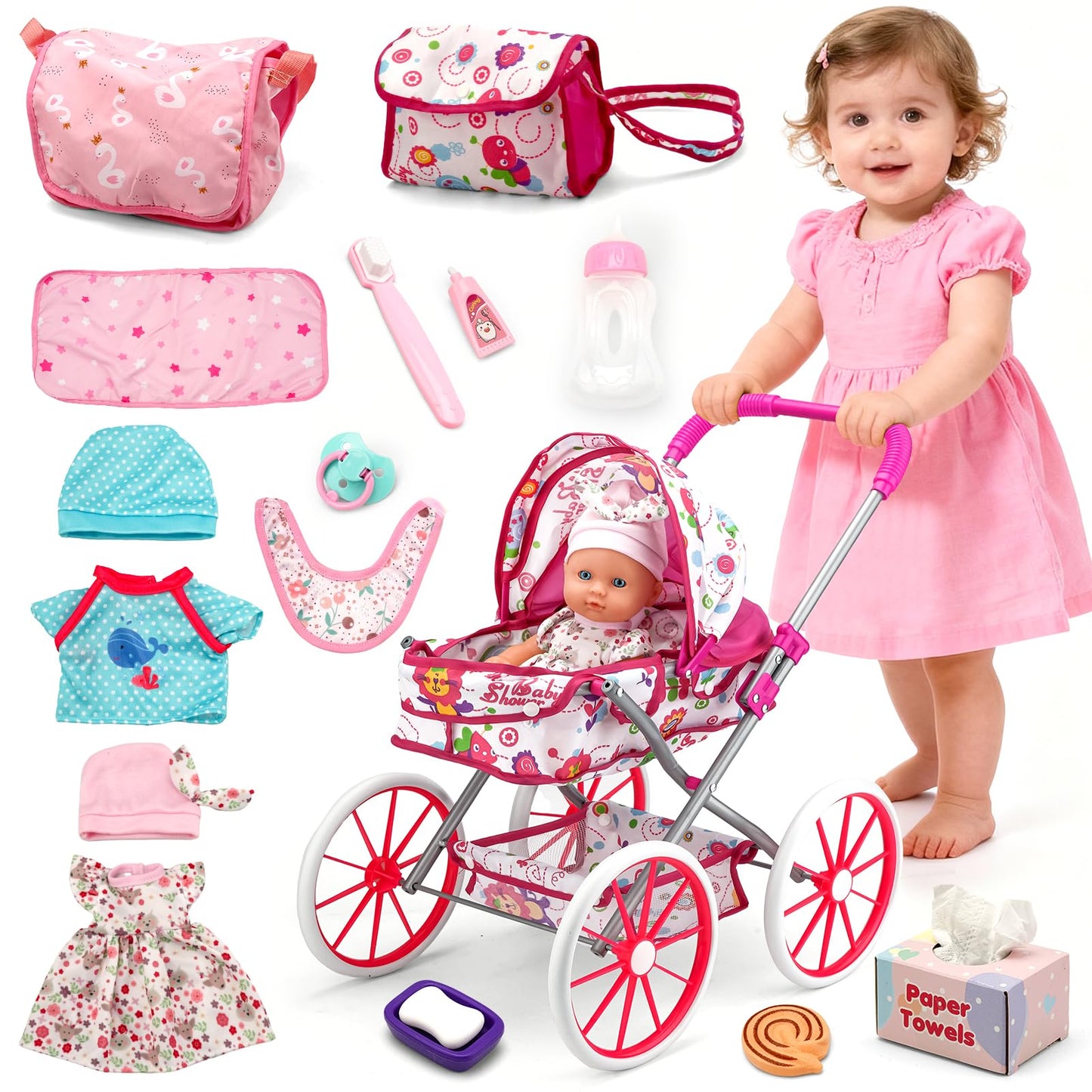 Baby Doll Stroller Toys Set W/ 13'' Baby Doll, Doll's Bed, Dining Chair, 26 PCS Doll Accessories & 2 Set Clothes, Baby Stroller Toys for 3 4 5 Year Old Girl Birthday Gift, Pretend Playset for Toddler