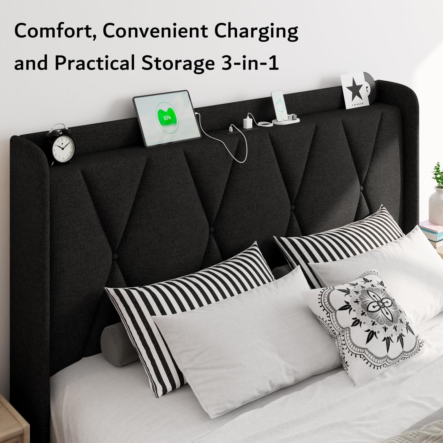 iPormis Queen Bed Frame with 4 Storage Drawers, Upholstered Platform Bed Frame with Charging Station, Modern Wingback Storage Headboard, Easy Assembly, Black