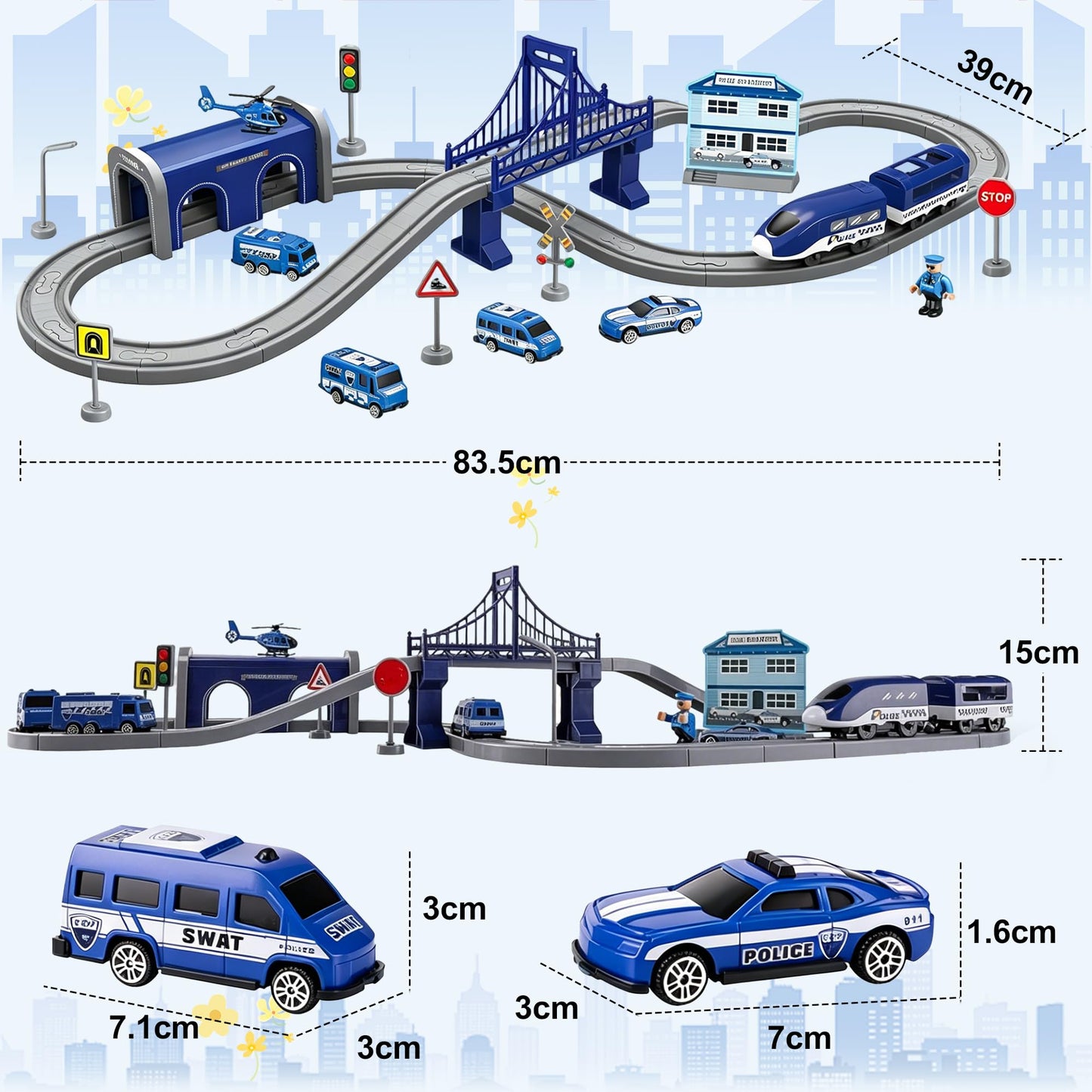 Wdmiya Train Sets for Toddlers, 66 Pcs Trains Toy with Battery Operated & Tracks (Magnetic Connection), Compatible with Thomas, Brio, Christmas Toy Gifts for 3 4 5 6 7 8 Years Old (Police)