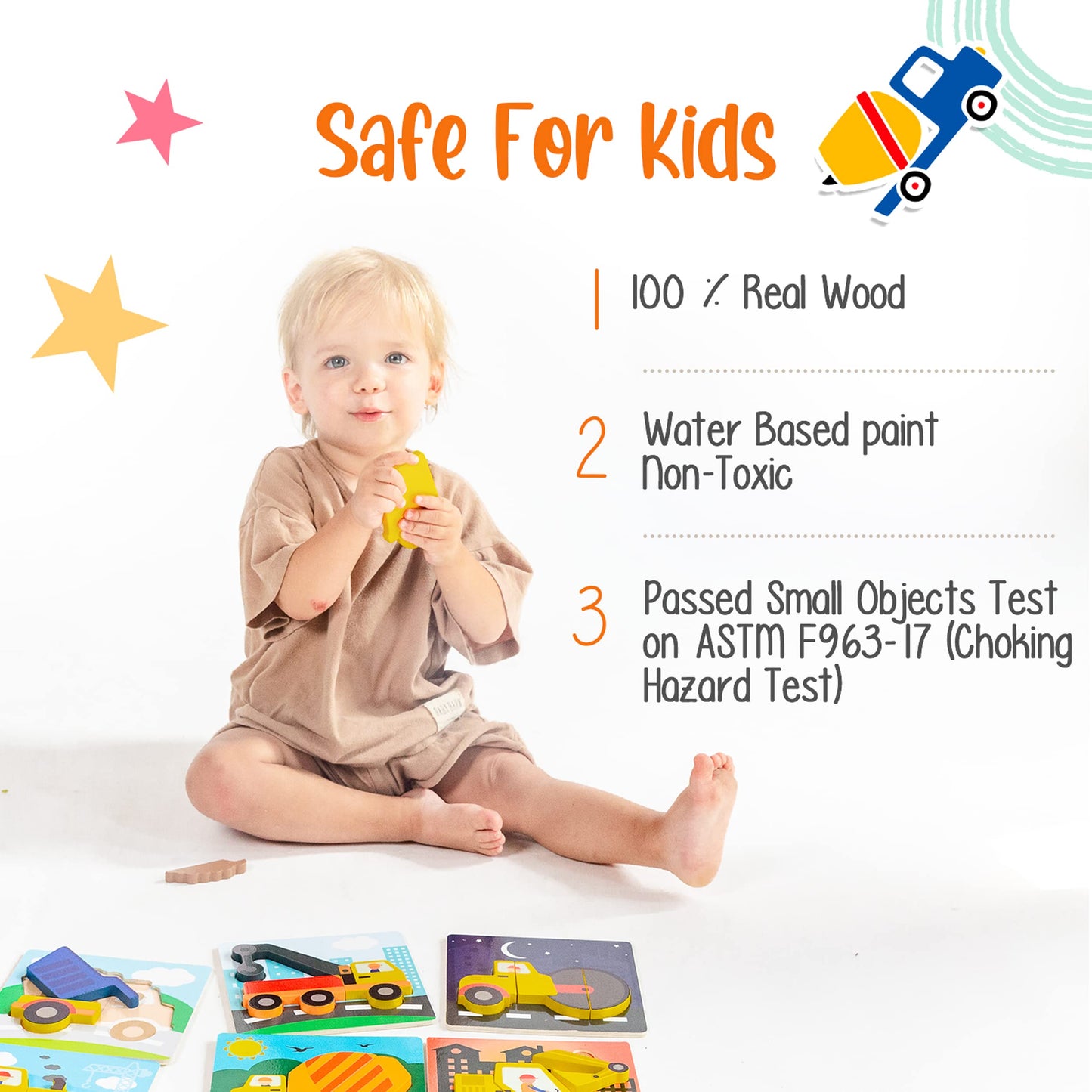 Klevly 6 PK Construction Wooden Toddler Puzzles Ages 2-4 | Wooden Puzzles for Toddlers 1-3 | Montessori Toys for 2 Year Old | Learning for 2+ Year Olds