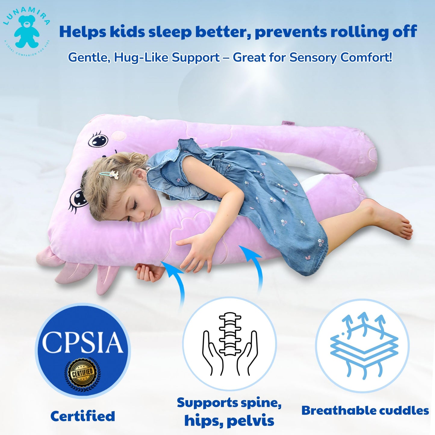 LUNAMIRA Axolotl Kids Body Pillow - 47" U-Shape Long Plush Soft Animal Pillow for Kids, Sleeping, Reading, ADHD & Special Needs Comfort, Anxiety, Washable Cover, Snuggle Fun Cuddle for Boys & Girls