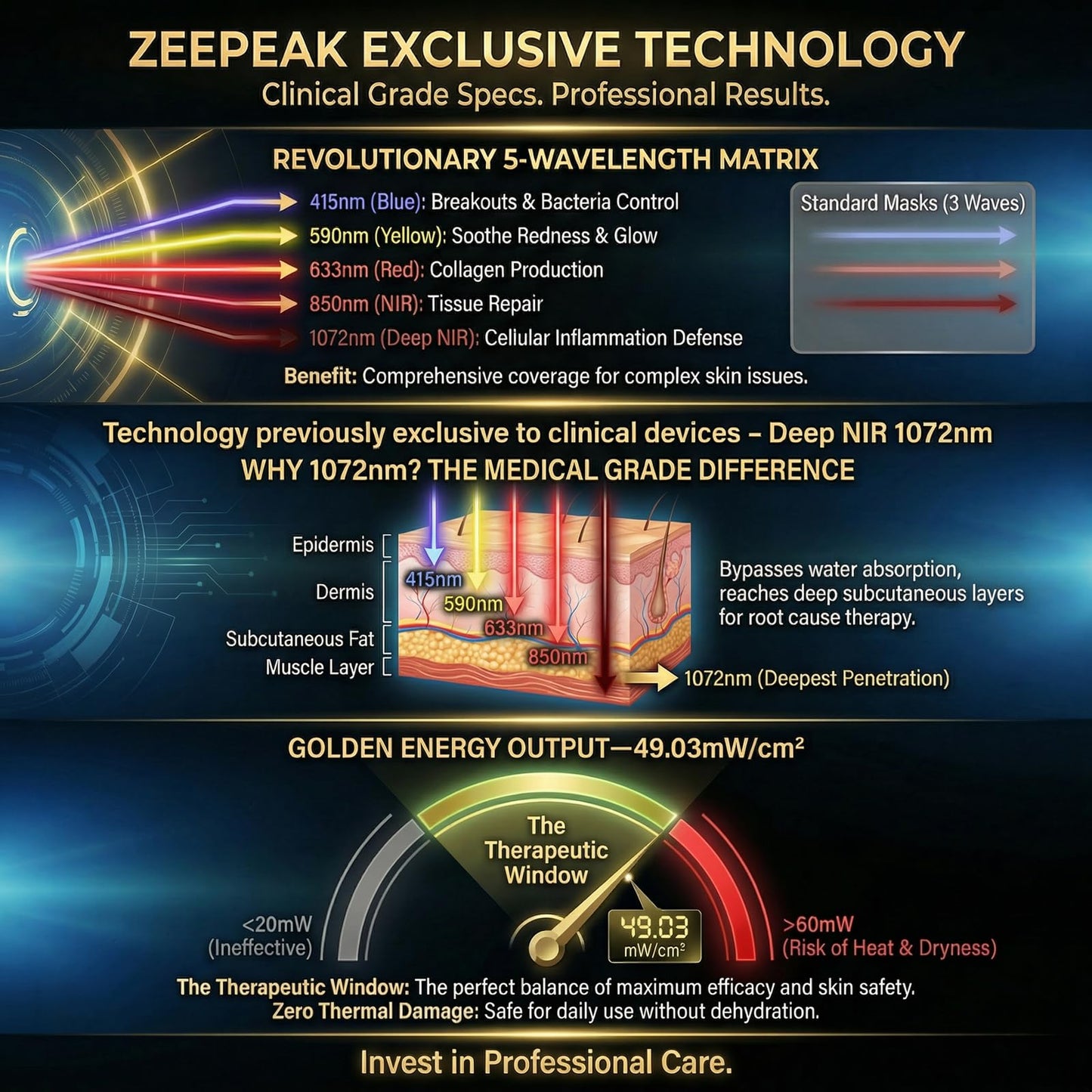 Zeepeak 3D LED Red Light Therapy Mask, FDA-Cleared, 360 LEDs, Anti-Aging & Blemish Repair, 5 Modes Red, Blue, Yellow with 850nm & 1072nm Dual-NIR, Eye-Protection, Portable Design for Home Travel