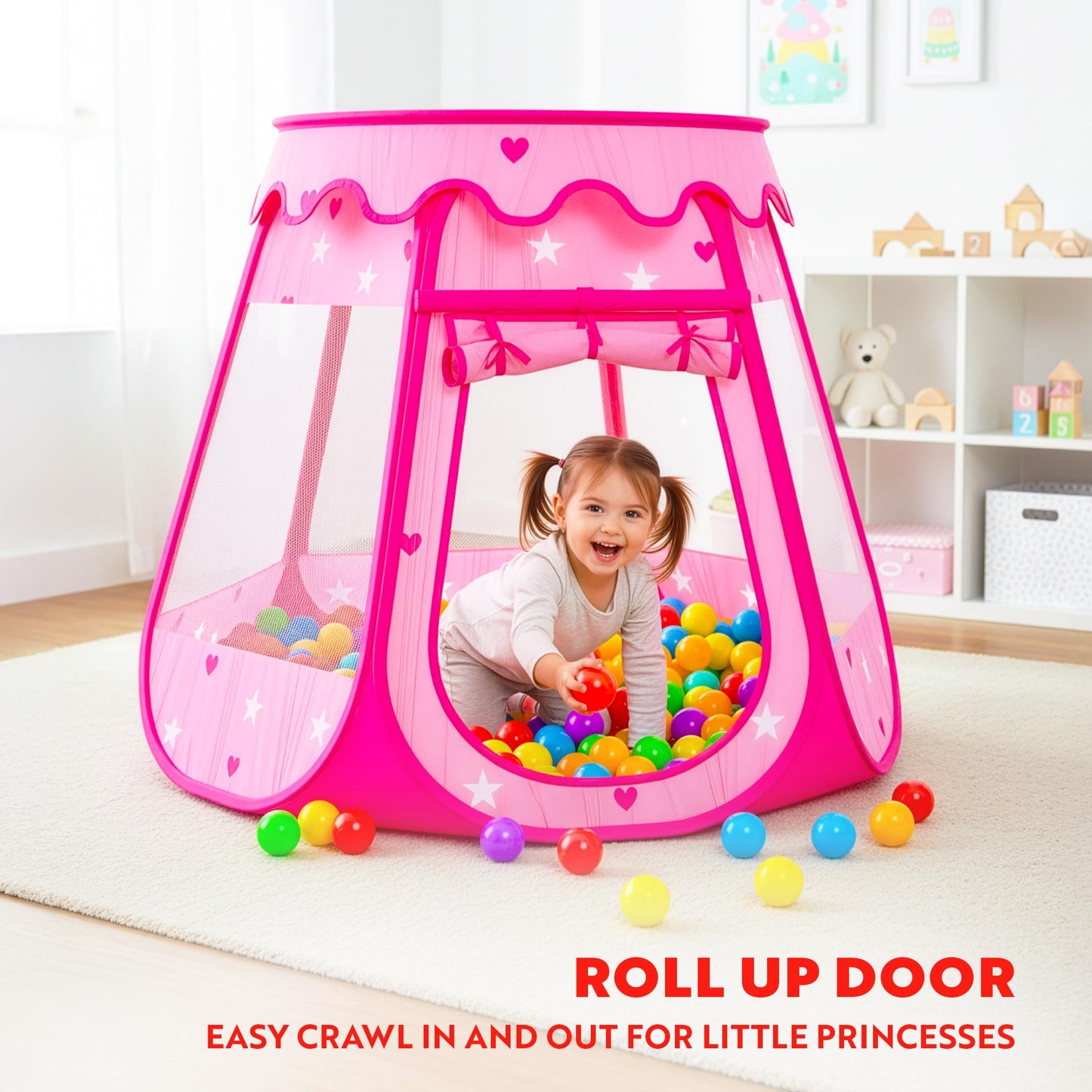 Playz Ball Pit Princess Castle Play Tent for Girls w/ 50 Balls Included - Pop Up Children Play Tent for Indoor & Outdoor Use - Playland Playhouse Tent w/ & Glow in The Dark Stars & Zipper Storage Case
