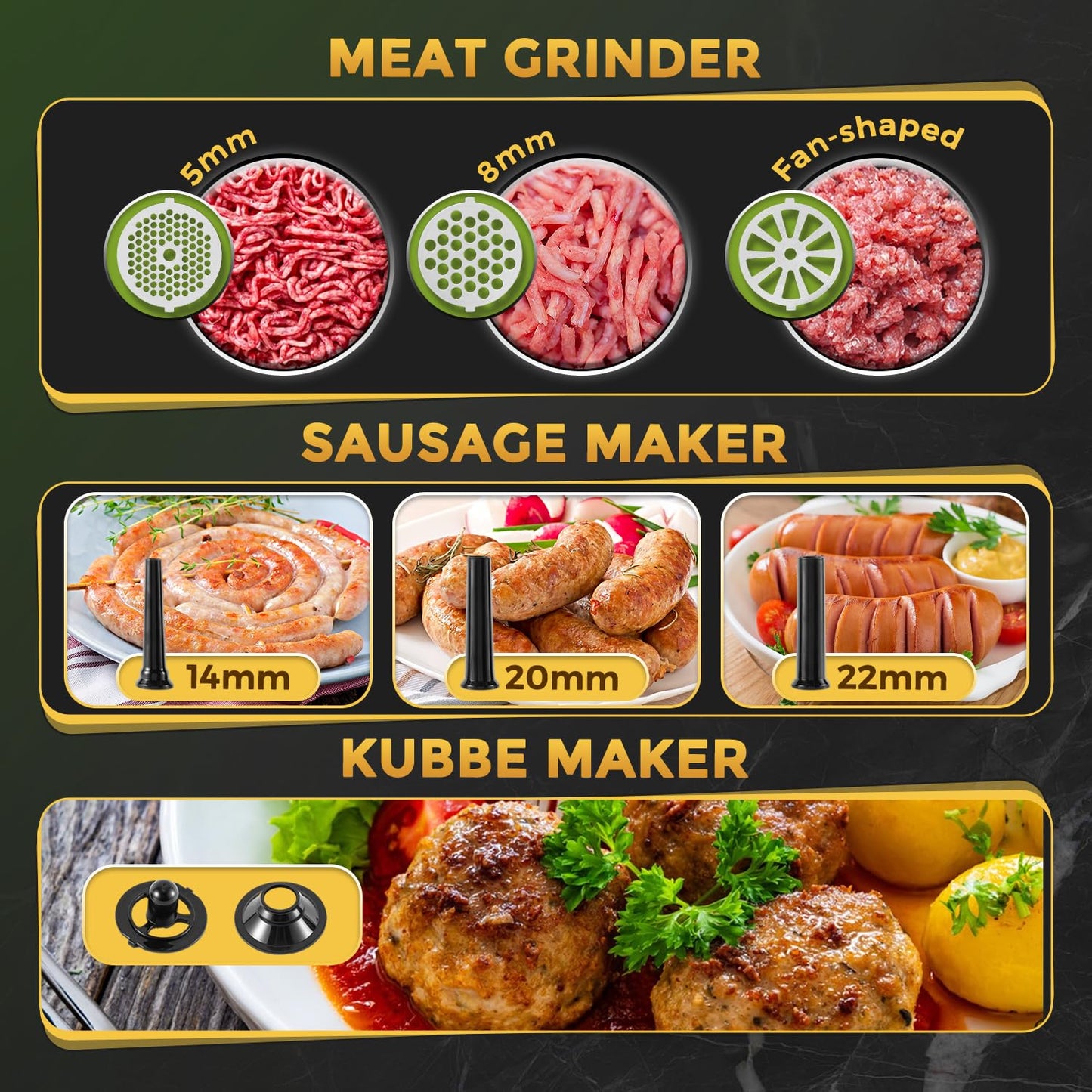 Flyseago Electric Meat Grinder 3200W Heavy Duty Commercial Meat Grinders, Sausage Stuffer, Kubbe Kit with 2 Cutting Blades, 3 Grinding Plates, 3 Sausage Tubes, Metal Gearbox Meat Grinder for Home Use