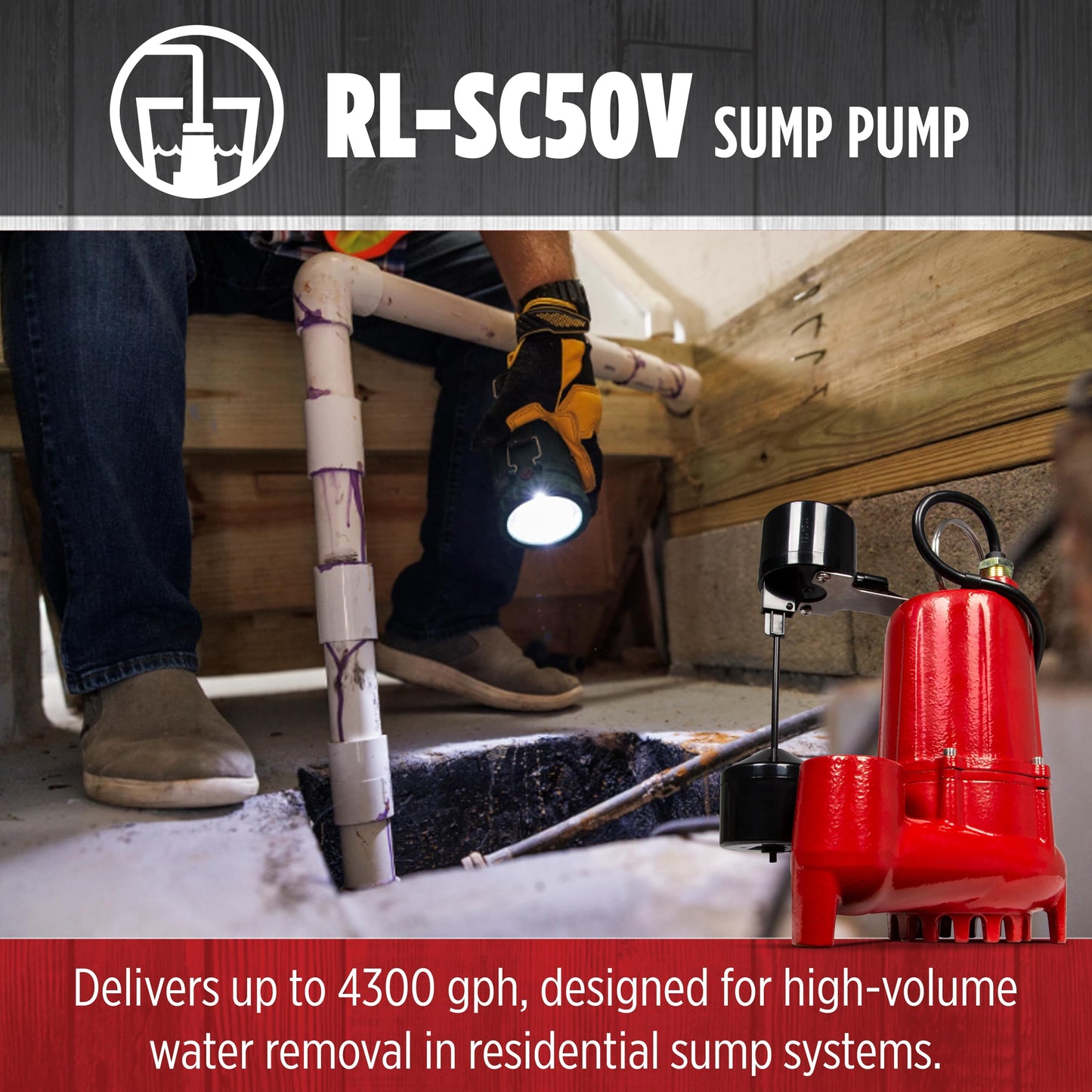 Red Lion RL-SC50V 115-Volt, 1/2 HP, 4300 GPH Cast Iron Sump Pump with Vertical Switch, 10-Ft. Cord, Red, 14942747