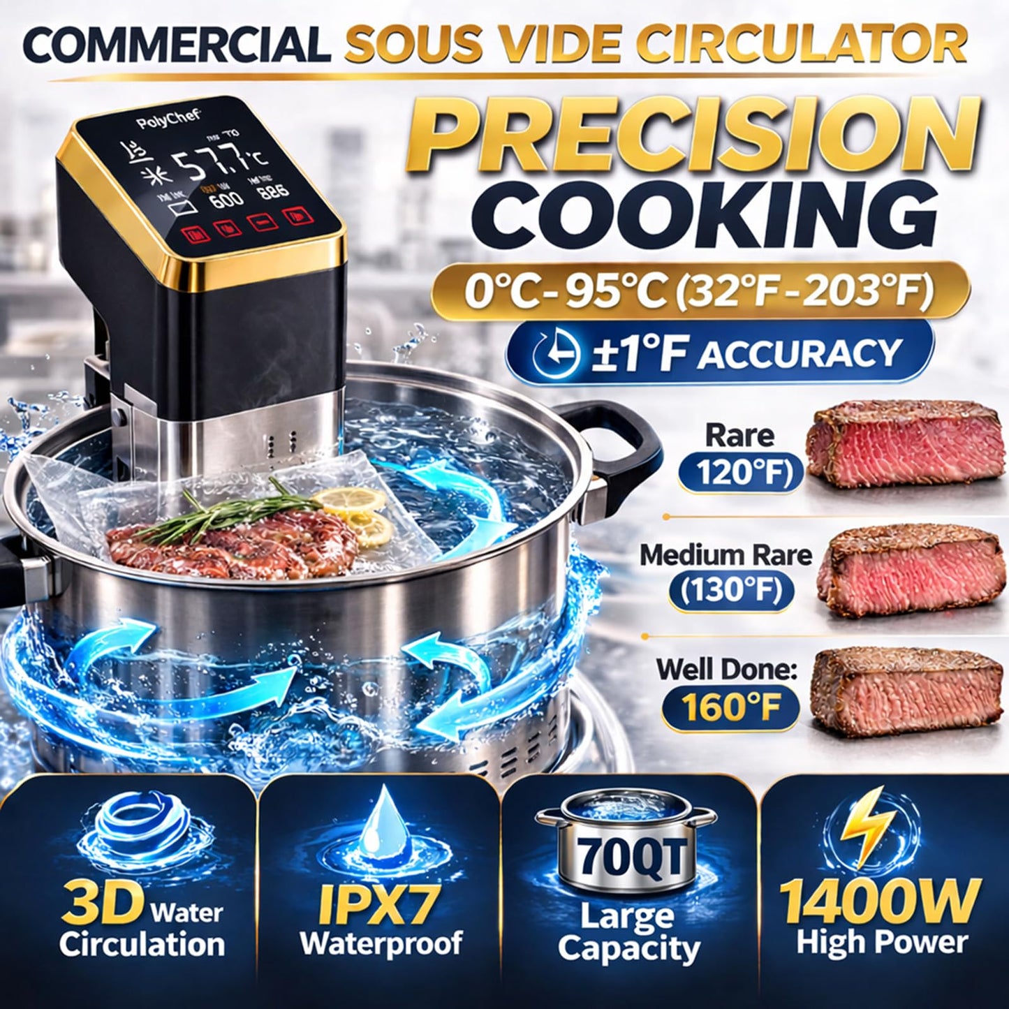 PolyChef Commercial Sous Vide Cooker 1400W – Immersion Circulator, Precision Cooker with Temperature Control & Timer, Easy-to-Use, Fast Heating Pump, IPX7 Waterproof for Home & Restaurant