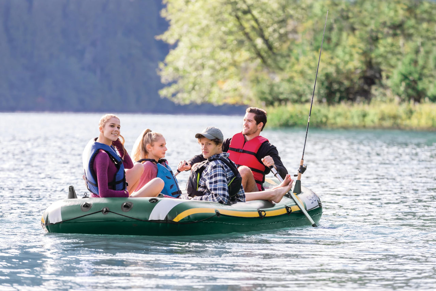 INTEX 68351EP Seahawk 4 Inflatable Boat Set: Includes Deluxe 54in Boat Oars and High-Output Pump – SuperStrong PVC – Fishing Rod Holders – 4-Person – 1050lb Weight Capacity
