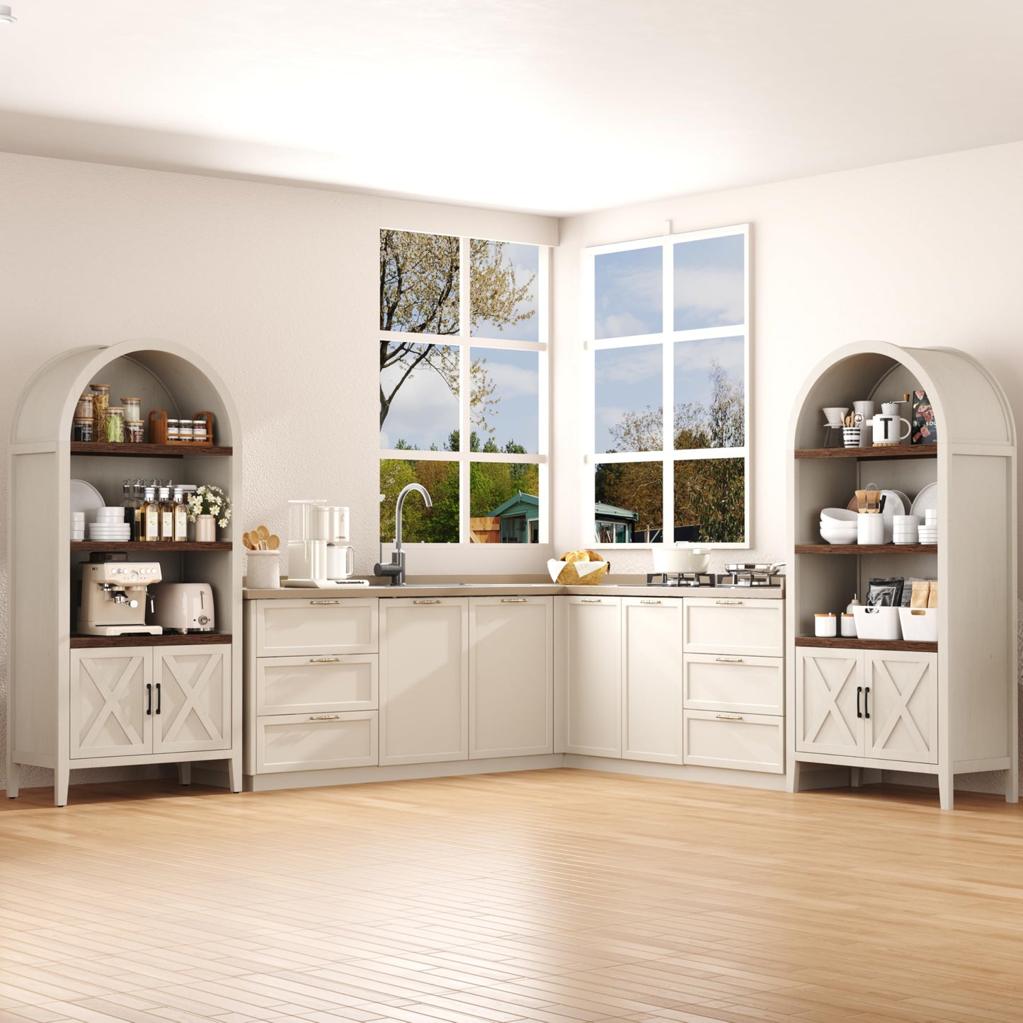 Yusong 71" Tall Arched Bookcase, 5-Tier Arched Bookshelf, Arch Cabinet Display Cabinet with Doors and Adjustable Shelf, Modern Farmhouse Kitchen Pantry for Living Room Bedroom, White