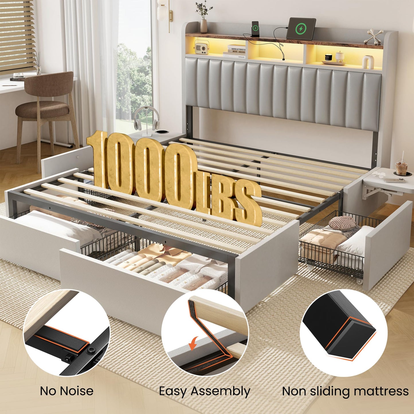 BRELTAM King Bed Frame with Headboard,4 Storage Drawers,and Built-in Adjustable Desk,Charging Station,Easy Assembly,No Box Spring Needed,Light Grey