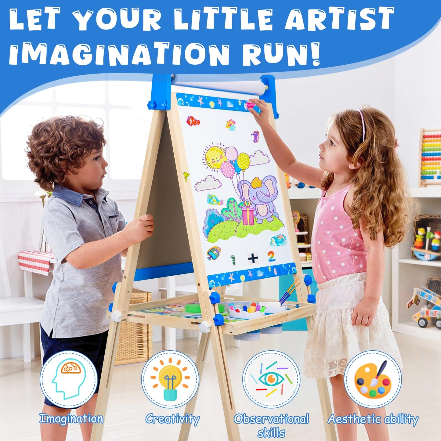 Easel for Kids Toys,Toddler Art Easel, Boy Toys for Ages 5-7,Adjustable Wooden Magnetic White Board and Chalk Board with Art Supplies, 4 5 6 7 8 9 10 Year Old Boys Birthday Gifts