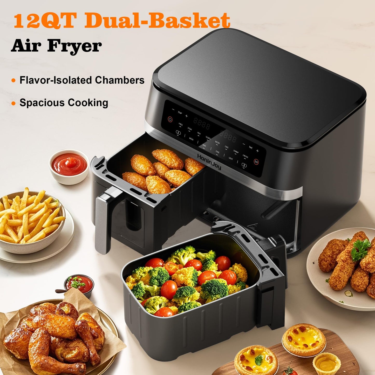 HoninJoy 12QT Large Dual Basket Air Fryer with Viewing Window and 50pcs Paper Liners, 10-in-1 Digital Touchscreen Double Zone Air Fryers, SyncCook to Bake,Roast,Reheat,Broil, Nonstick Dishwasher Safe
