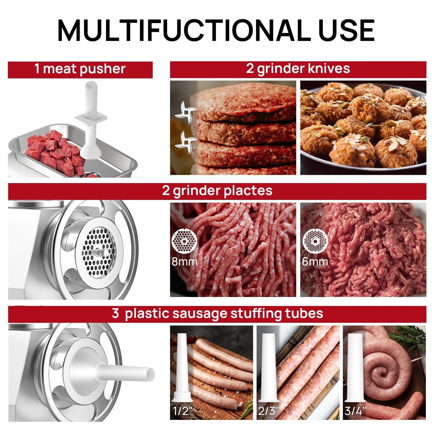 Commercial Meat Grinder #32, 2.0HP Heavy Duty Industrial Stainless Steel Meat Mincer, Sausage Stuffer with 2 Blades, 2 Plates & 3 Sausage Tubes, Meat Grinder Machine for Deer Processing,Pet Food