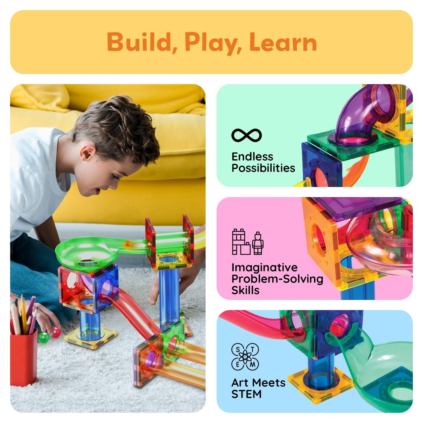 PicassoTiles 50pcs Magnetic Tiles Marble Run for Kids Race Track Toy Marble Maze Sensory Toys for Toddlers STEM Educational Set Magnet Building Blocks Construction Building Tiles Boys Girls 3+ PTG50