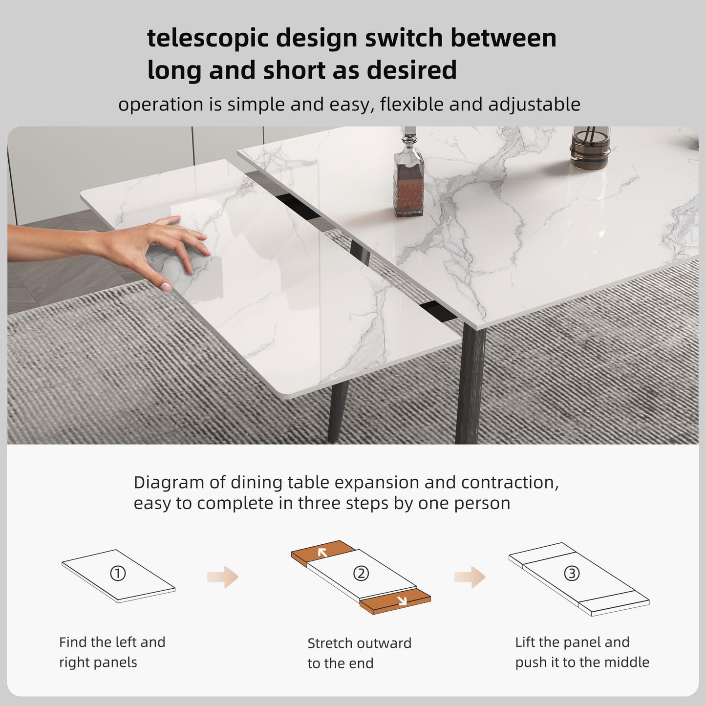 Extendable Dining Table (62.9" to 94.4") for 6 to 10 - Modern Rectangular Sintered Stone Table with High Hardness and Easy Maintenance - Stylish White