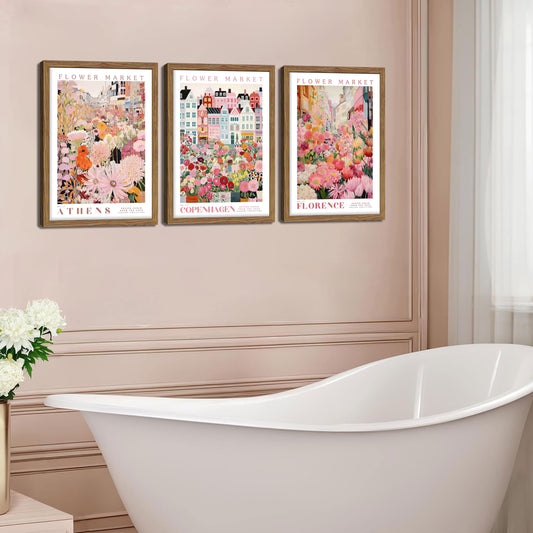 Floral Wall Art Set of 3, Colorful Flower Market Canvas Wall Decor Paintings, Pink Wildflower Botanical Posters Prints Pictures Artwork for Bedroom Living Room 12x16 Inch Wood Framed