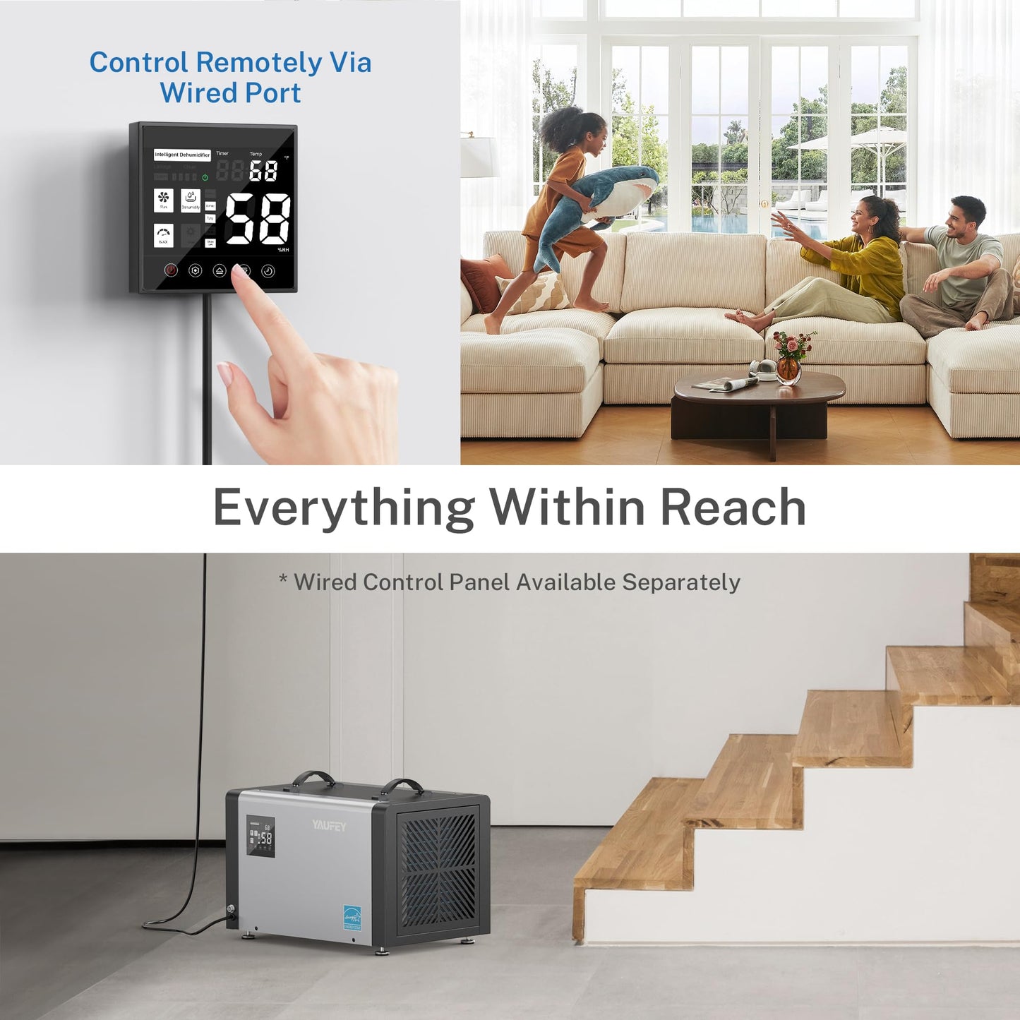 Yaufey 70 Pint Energy Star Commercial Dehumidifier with Pump for Crawl Space, Basement, Industrial, up to 5,000 Sq. Ft., 10%-98% RH Humidity Control, Auto Defrost, TUV Certified, 5-Year Coverage