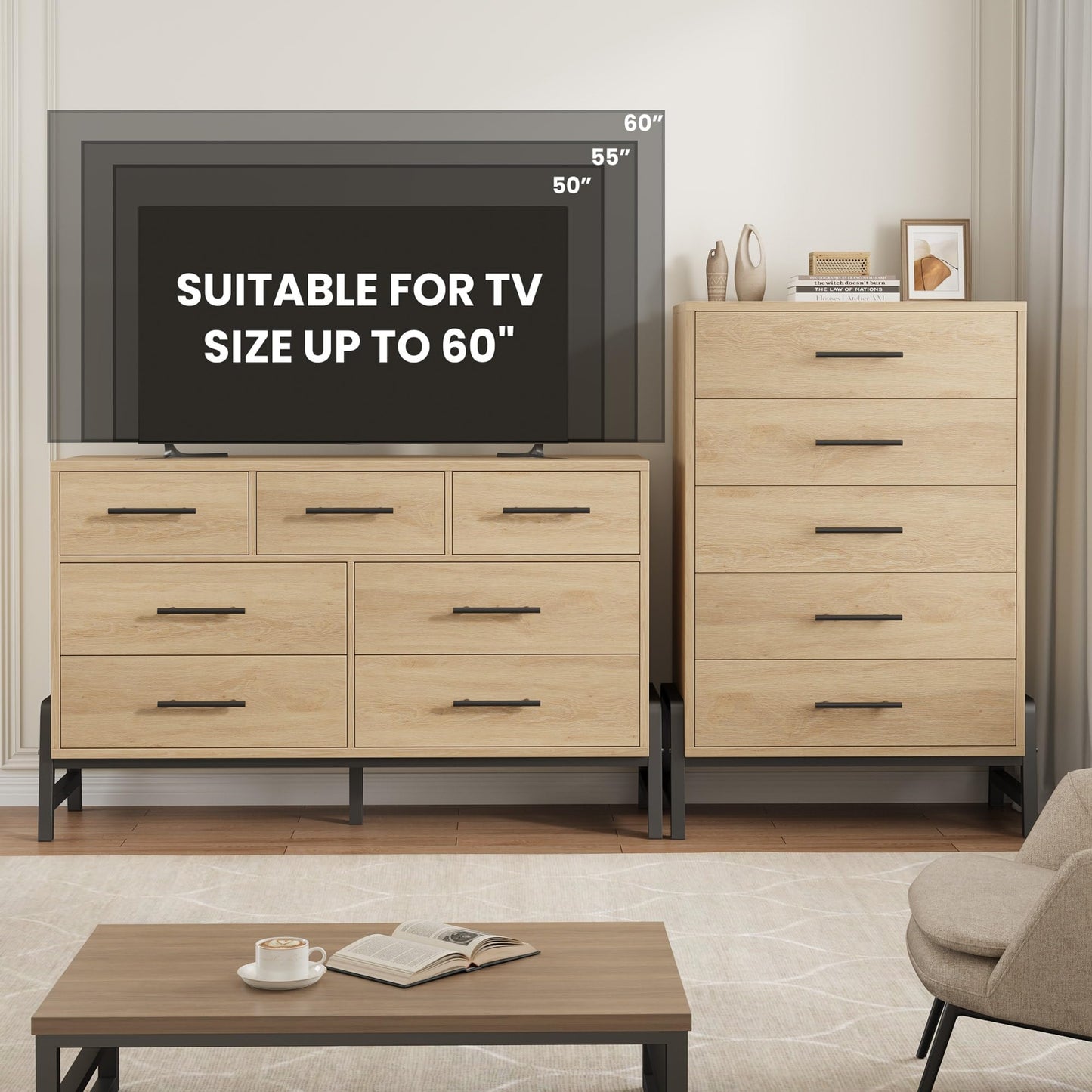 GarveeHome 5 Dresser for Bedroom, 50.5 in Tall Drawer with Large Storage Space, Freestanding Wooden Closet Storage Dresser Chest for Living Room, Bedroom, Entryway, Natural Oak