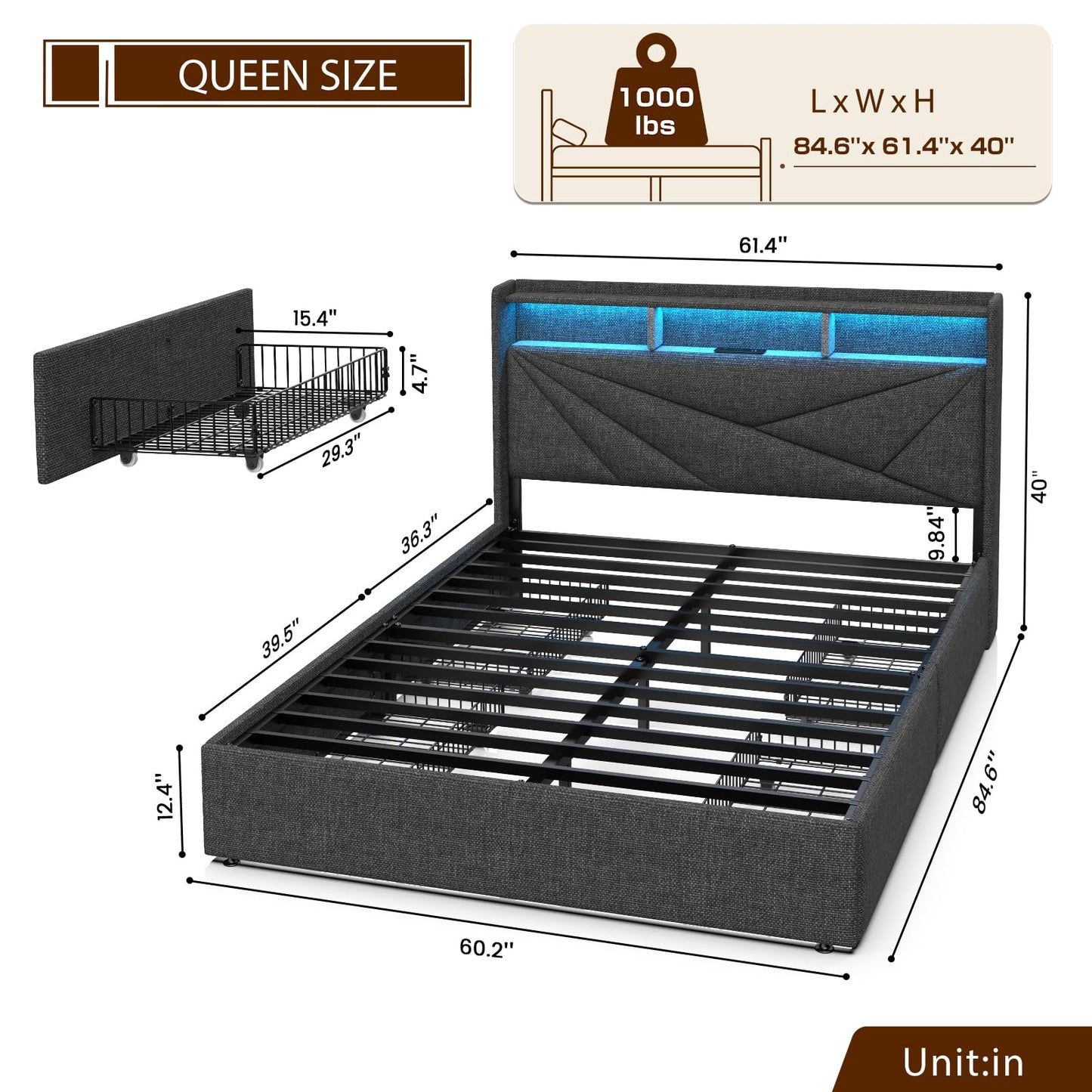Driftalia Queen Bed Frame with 4 Storage Drawers, Upholstered Bed Frame Queen Size with LED Lights Headboard and Charging Station, No Box Spring Needed, Easy Assembly - Dark Grey