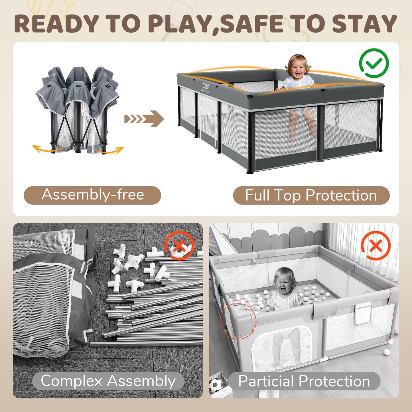 Foldable Baby Playpen with Mat - 74"X50" Large Play Yard for Babies and Toddlers - Indoor & Outdoor Portable Playpen with Storage Bag & 30 Ocean Ball - Baby Fence with Visible Mesh & Zipper Door,Grey