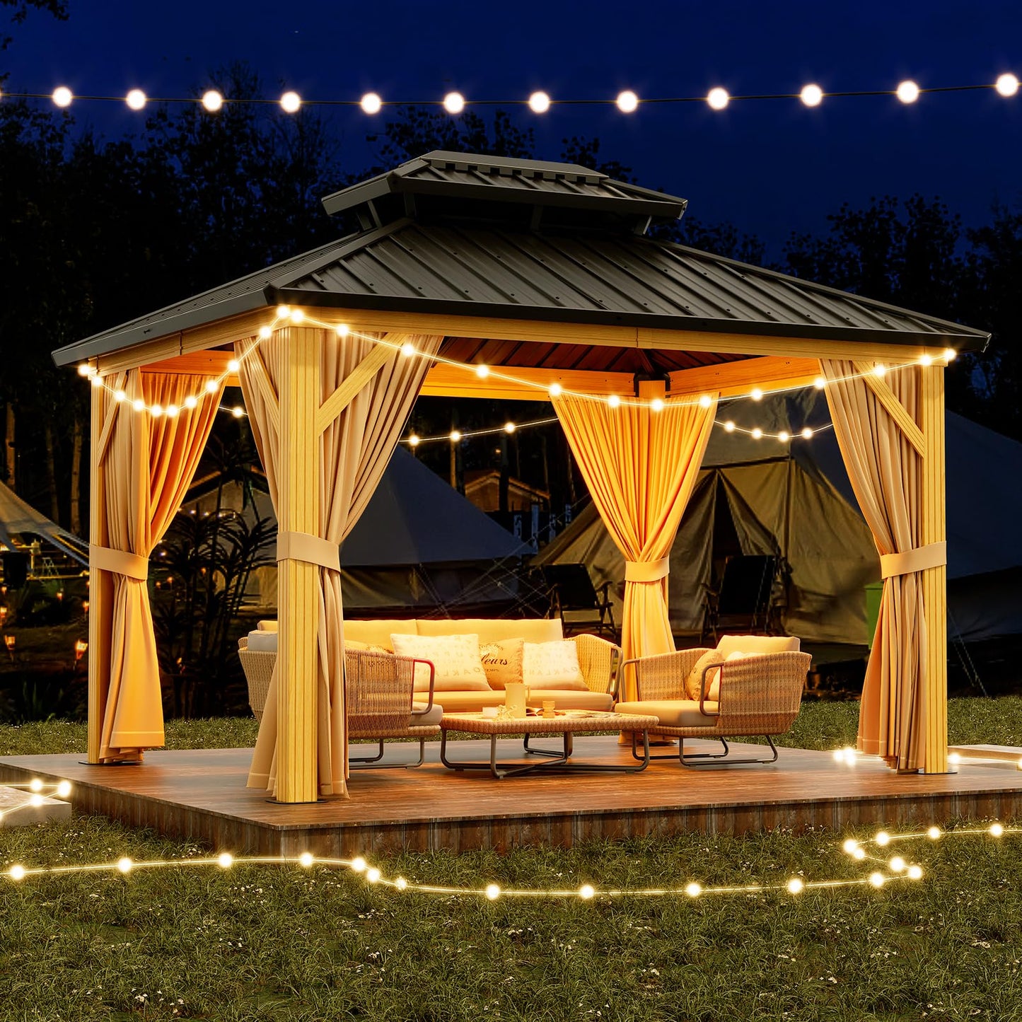 GarveeLife 10x12 ft Double Roof Hardtop Gazebo, Heavy Duty Galvanised Steel Hardtop Pavilion with Netting and Curtains, Faux Wood Grain Metal Gazebo for Patio, Terrace, Lawn and Deck, Wood Grain