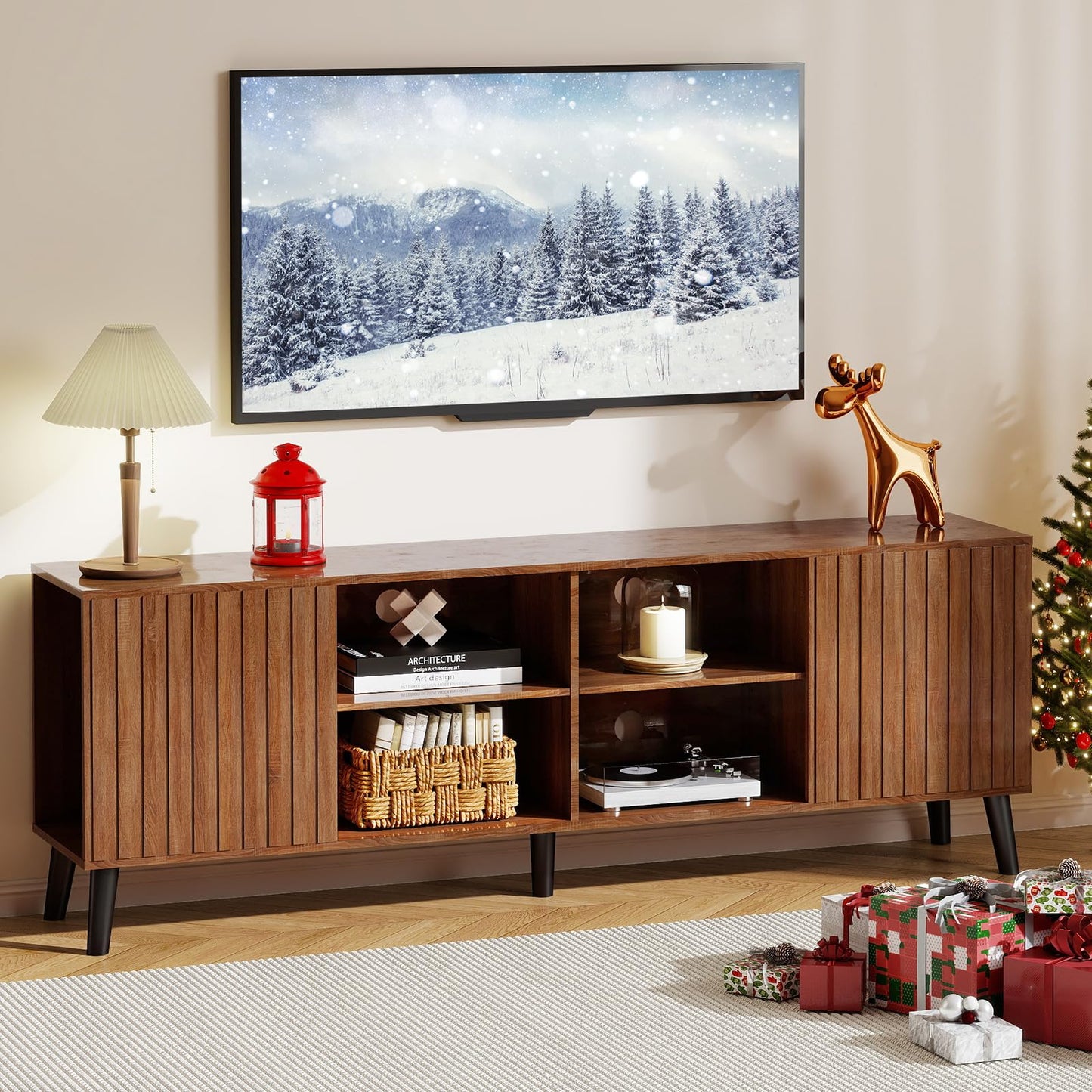 Lamtor TV-Stands for Living Room - Mid Century Modern TV Stand for 75+ inch TV, Entertainment Center with Storage, Media Console with Adjustable Shelves, Walnut